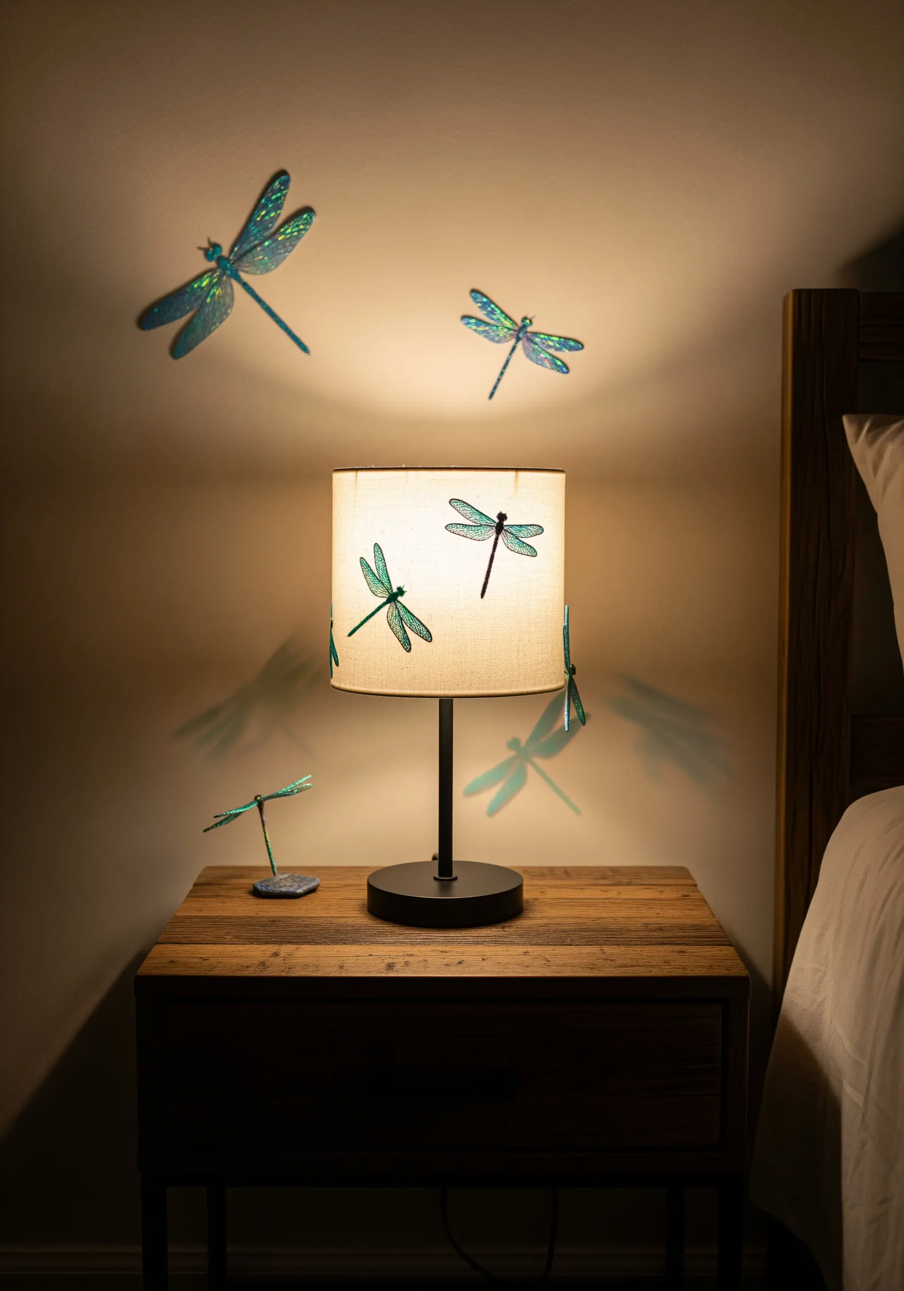Embroidered dragonflies with iridescent wings on a fabric lampshade.