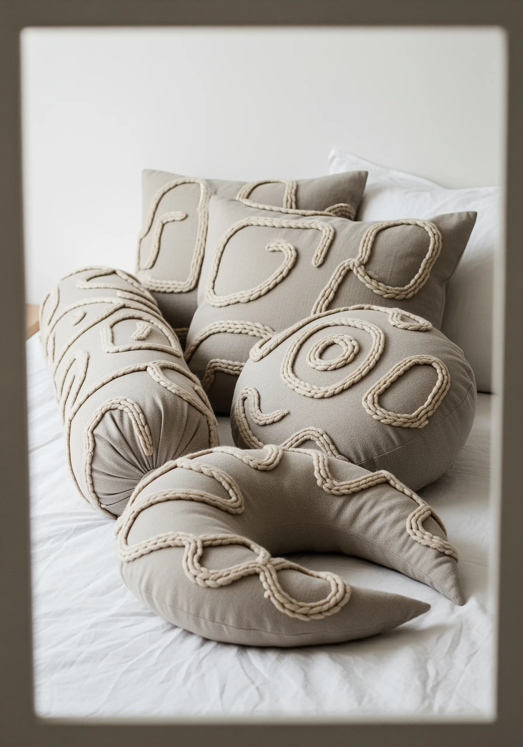 A collection of gray pillows with abstract, flowing lines created with couched cream-colored yarn.