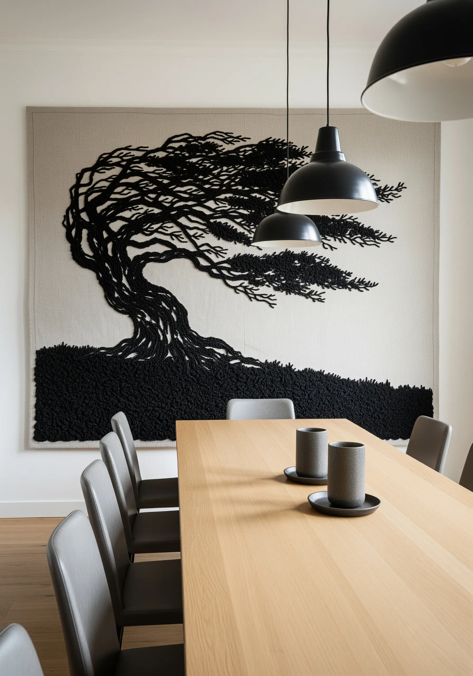A large tapestry of a windswept tree with dense, textural black embroidery.