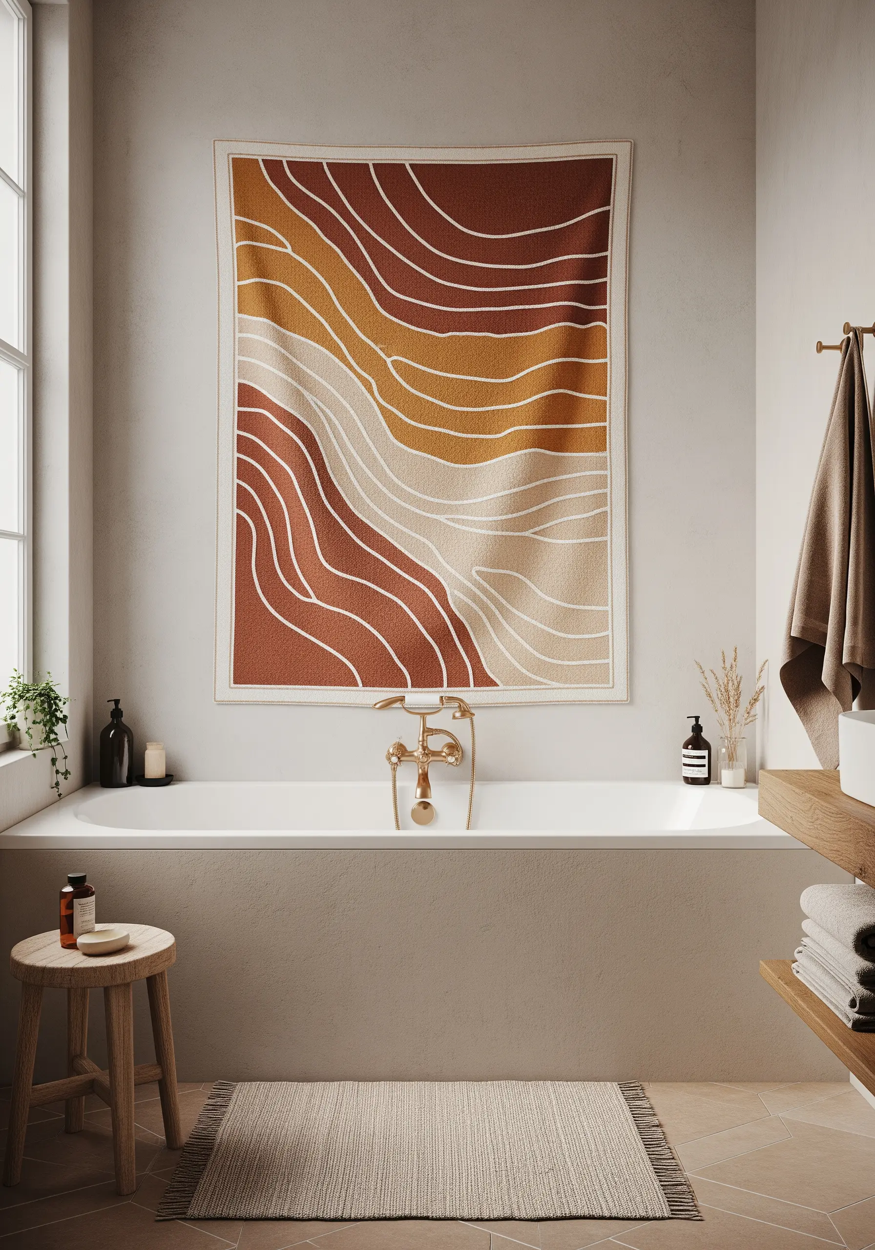 A large embroidered wall tapestry with abstract, flowing lines in terracotta and beige.