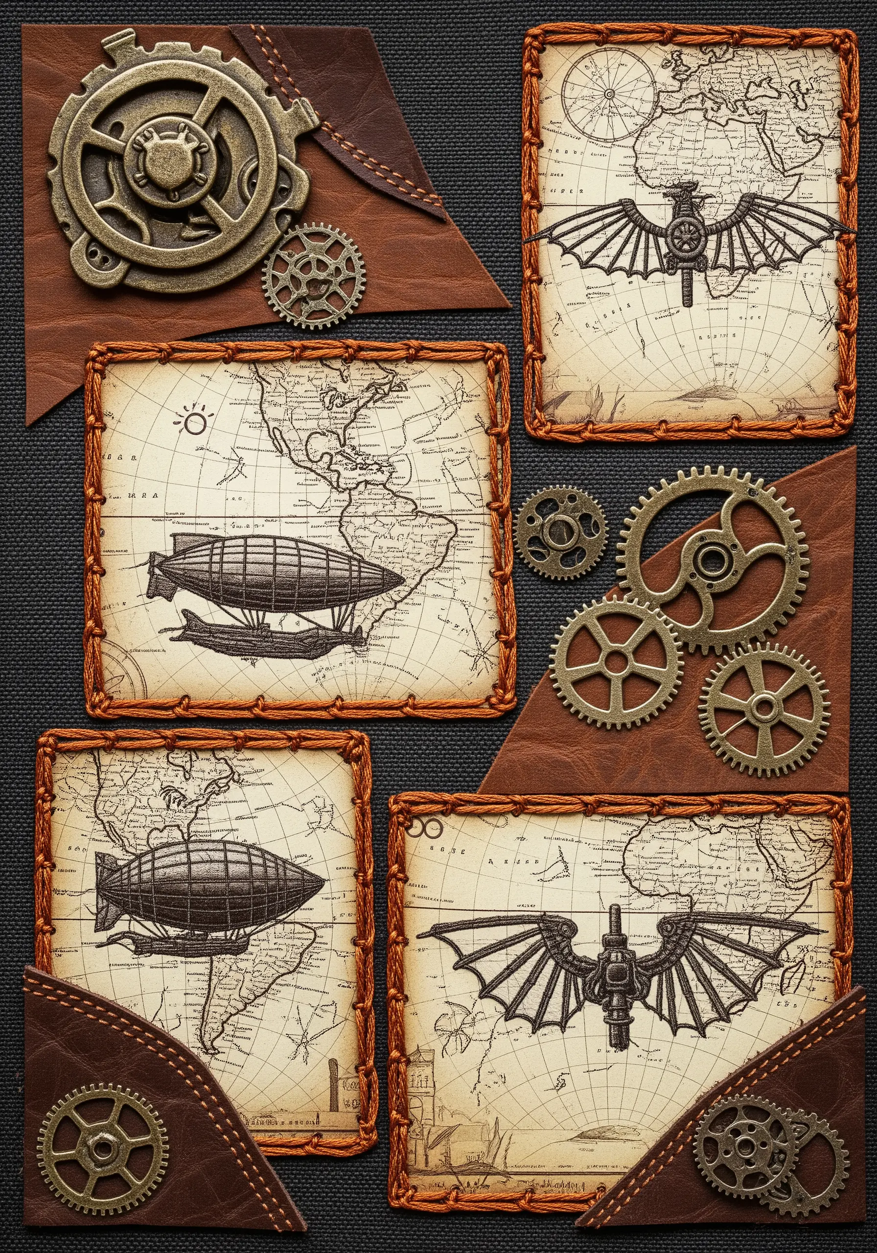 Steampunk-themed paper map illustrations edged with a thick, orange blanket stitch on leather