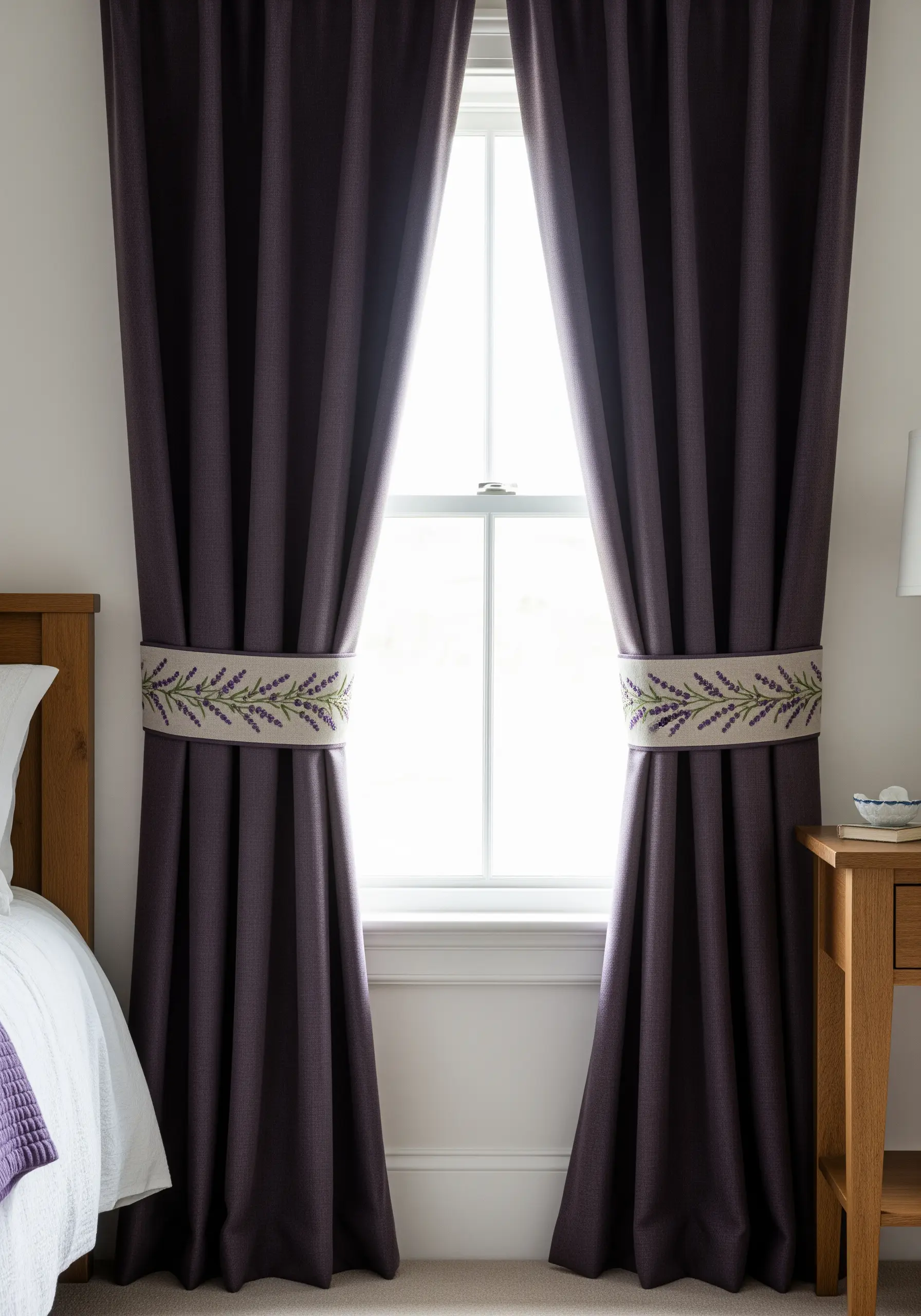 Dark purple curtains held open with wide, cream-colored tie-backs embroidered with a lavender pattern.