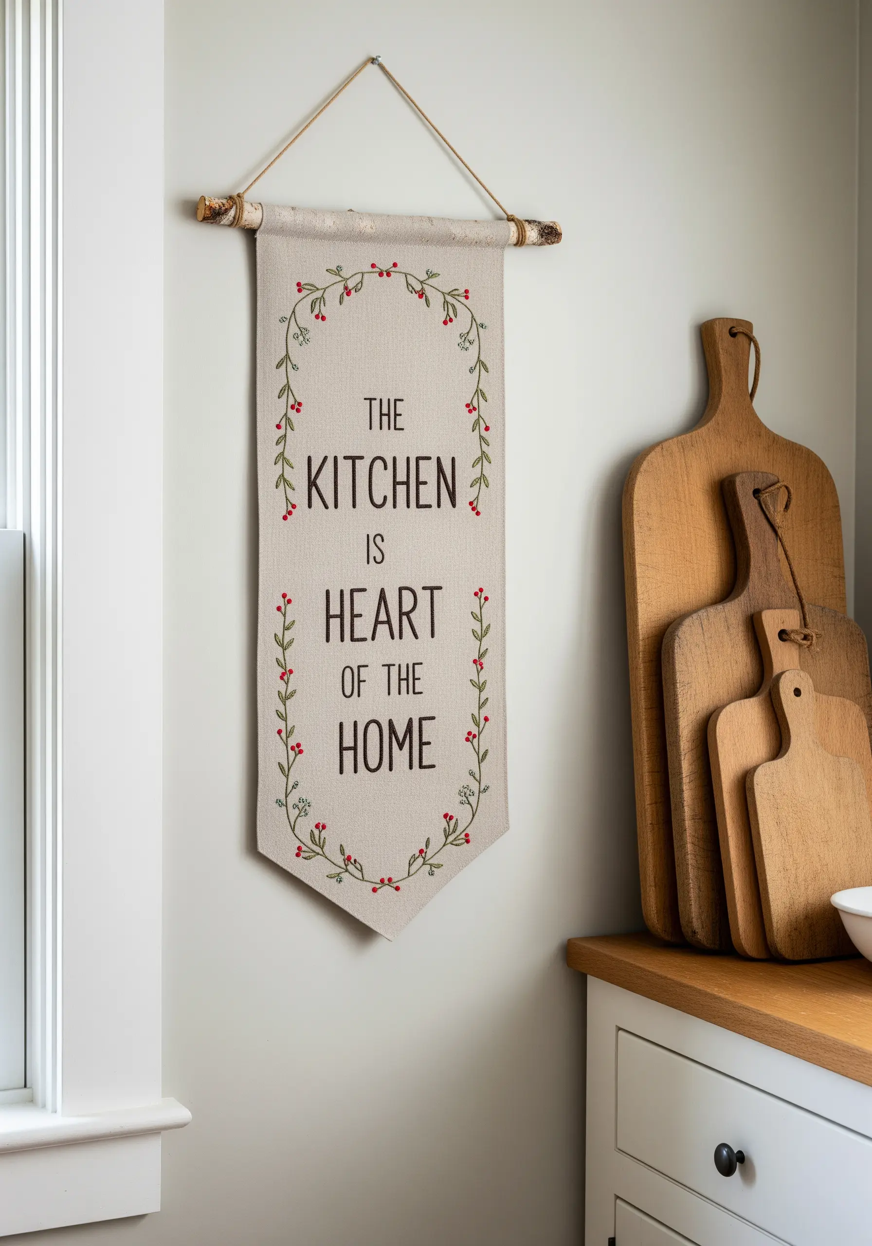 Embroidered banner with the quote 'The Kitchen is Heart of the Home' and a vine border.