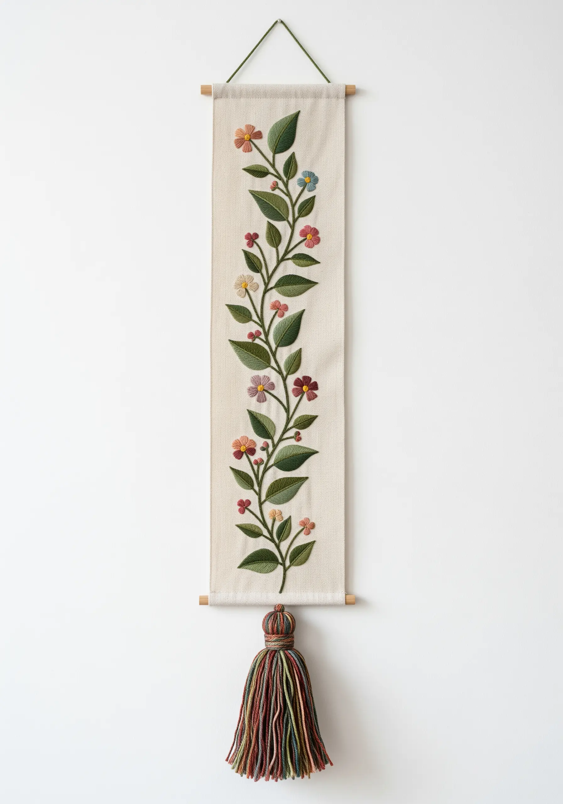A long, vertical wall hanging featuring an embroidered vine with colorful flowers and a tassel.