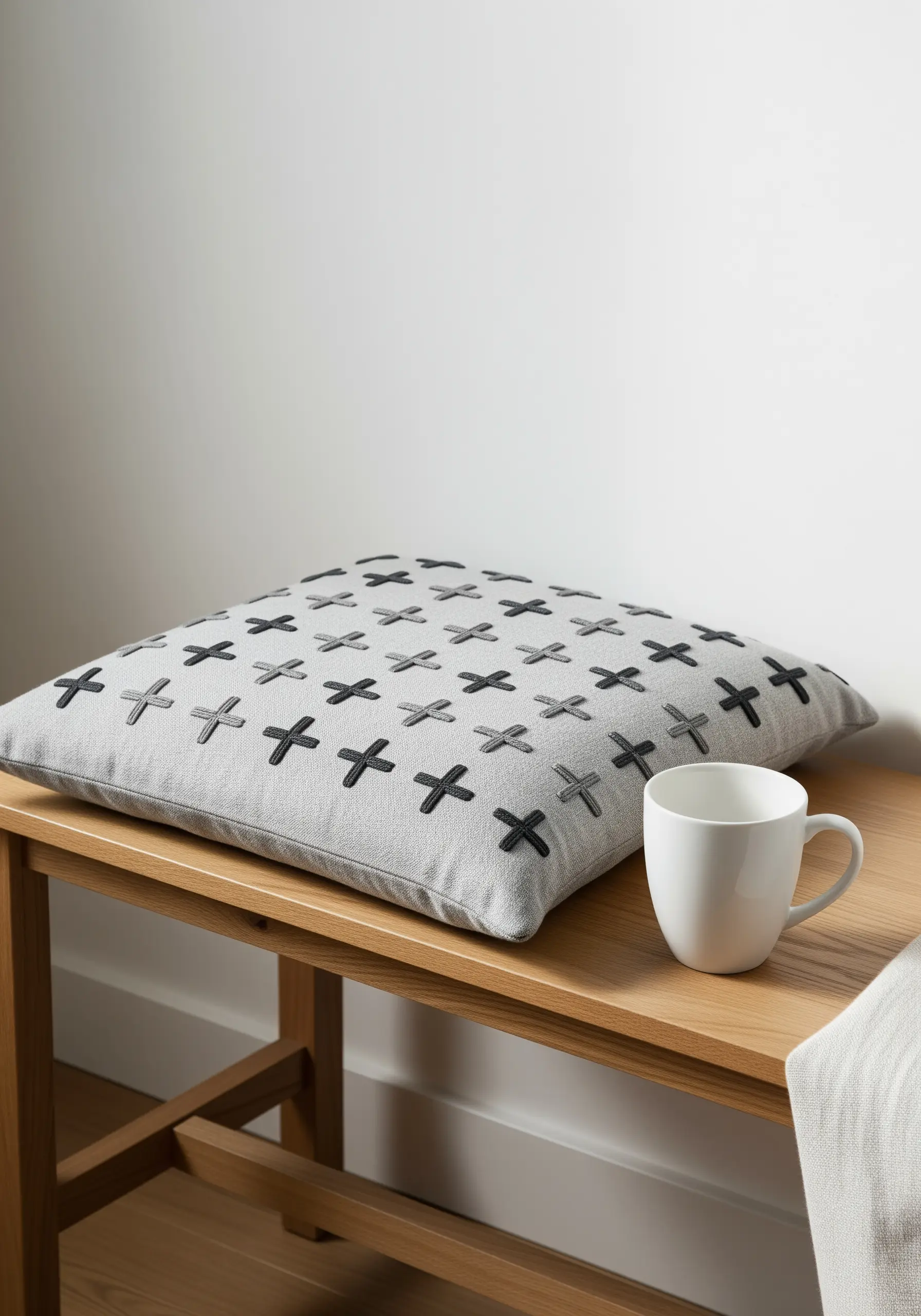 A grey linen pillow with a grid pattern of hand-stitched 'x' marks in grey and black.