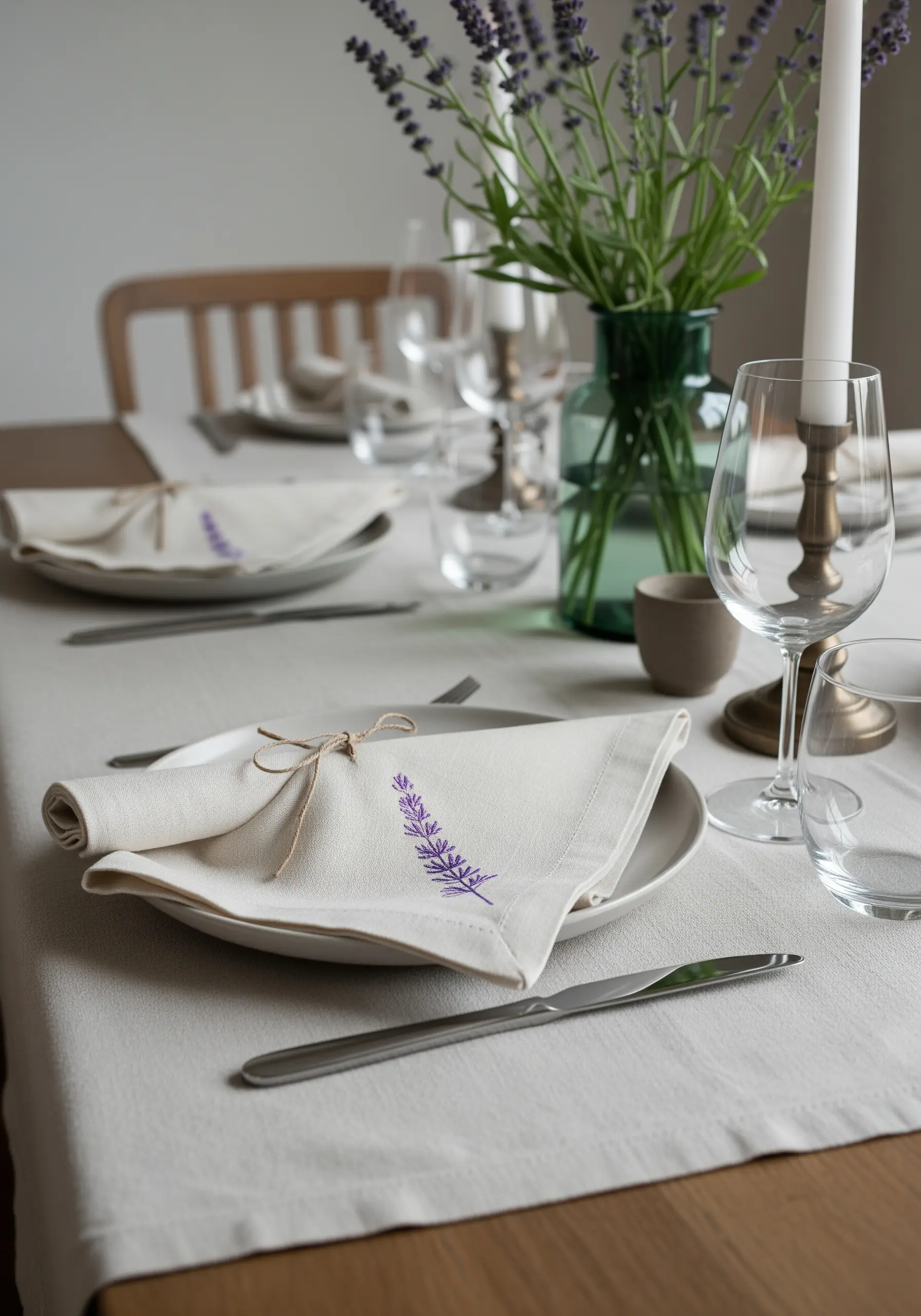 A linen napkin embroidered with a small sprig of lavender that has a subtle purple gradient.