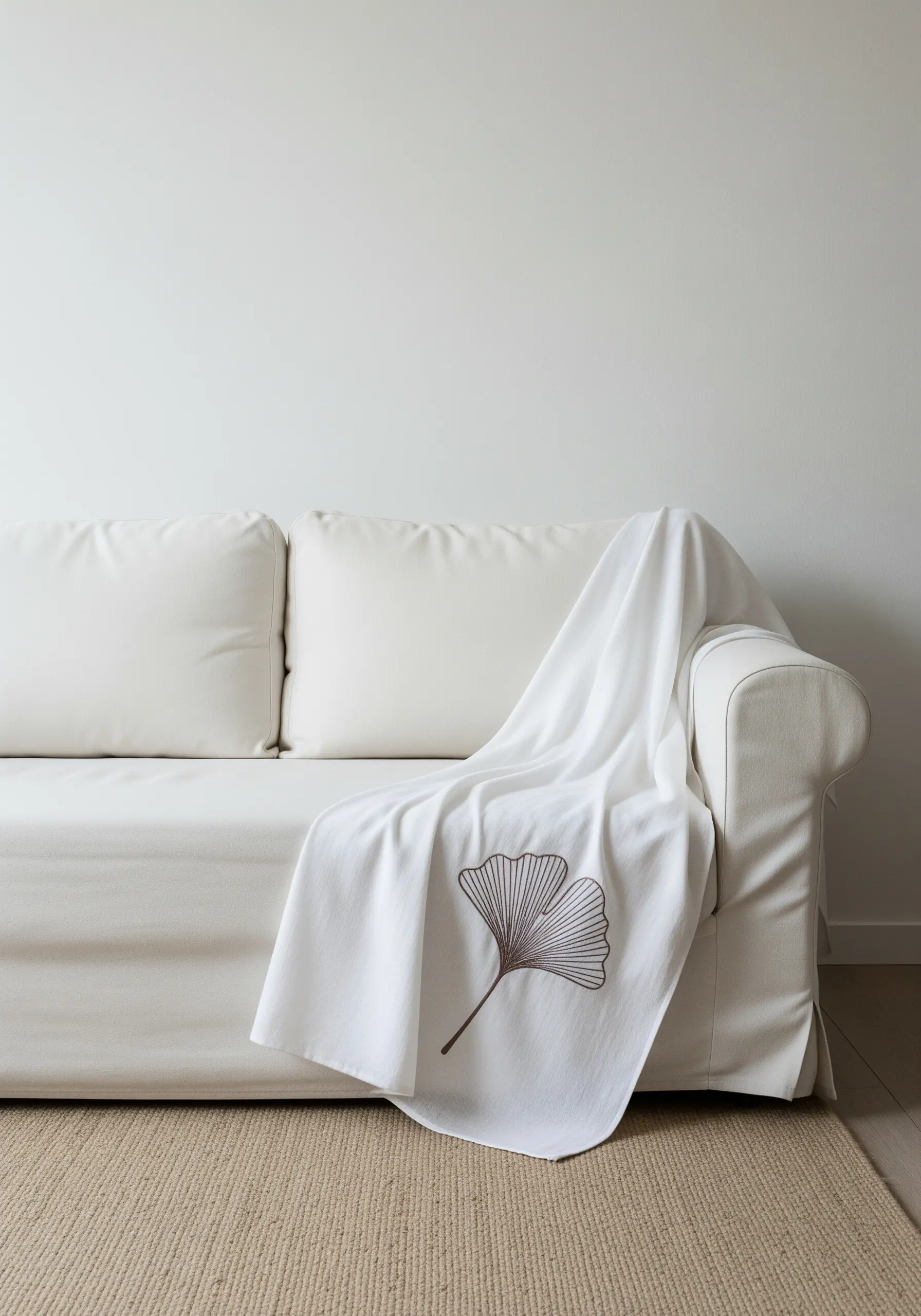 A single, elegant ginkgo leaf embroidered in brown thread on a plain white couch.