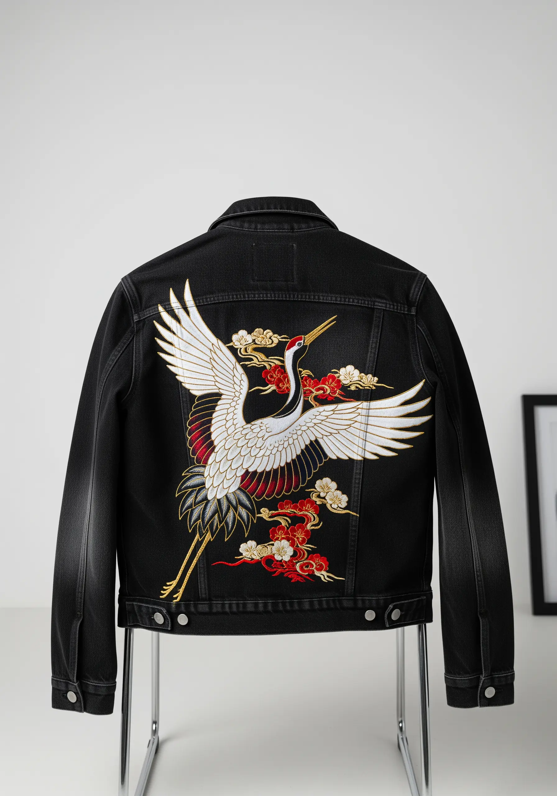 Embroidered crane with red and gold details on the back of a black denim jacket.