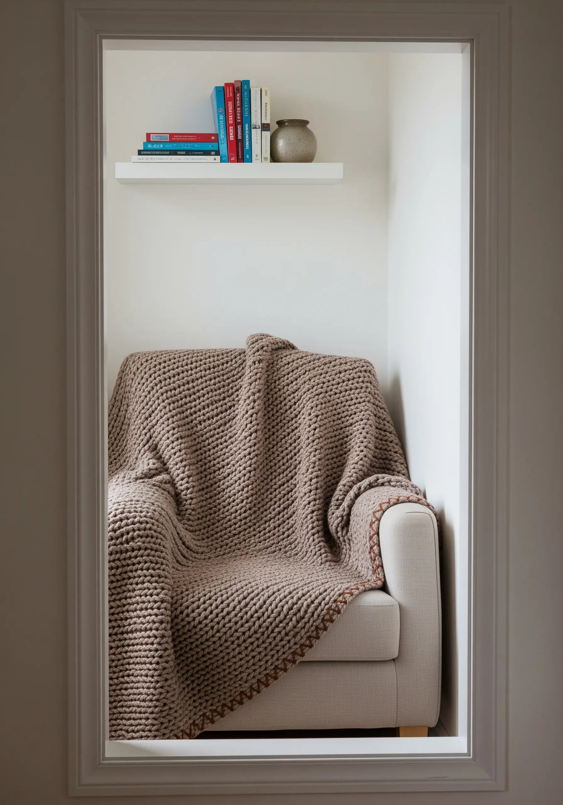 A chunky knit taupe blanket with a decorative, contrasting blanket stitch along the border.