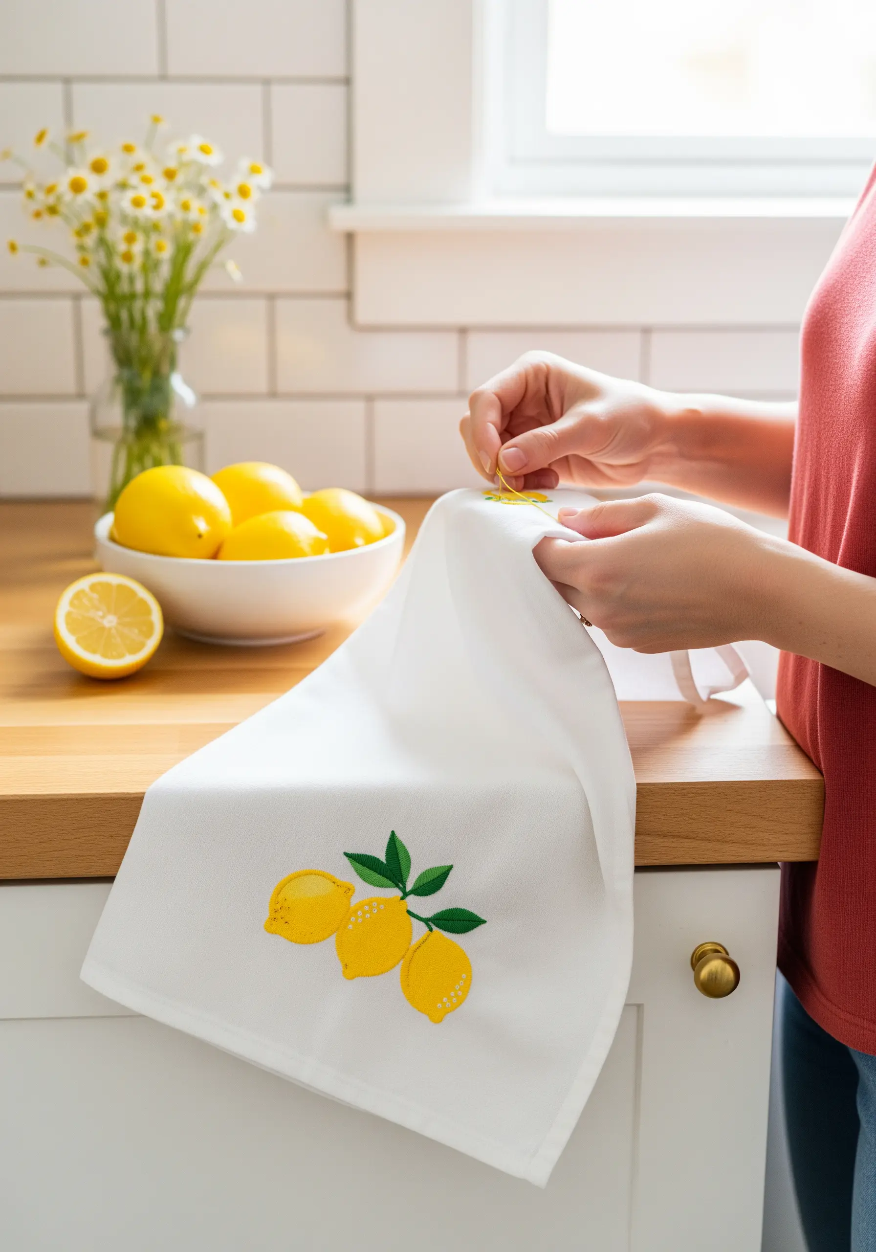 A white kitchen towel being embroidered with a bright, cheerful lemon and leaf design.