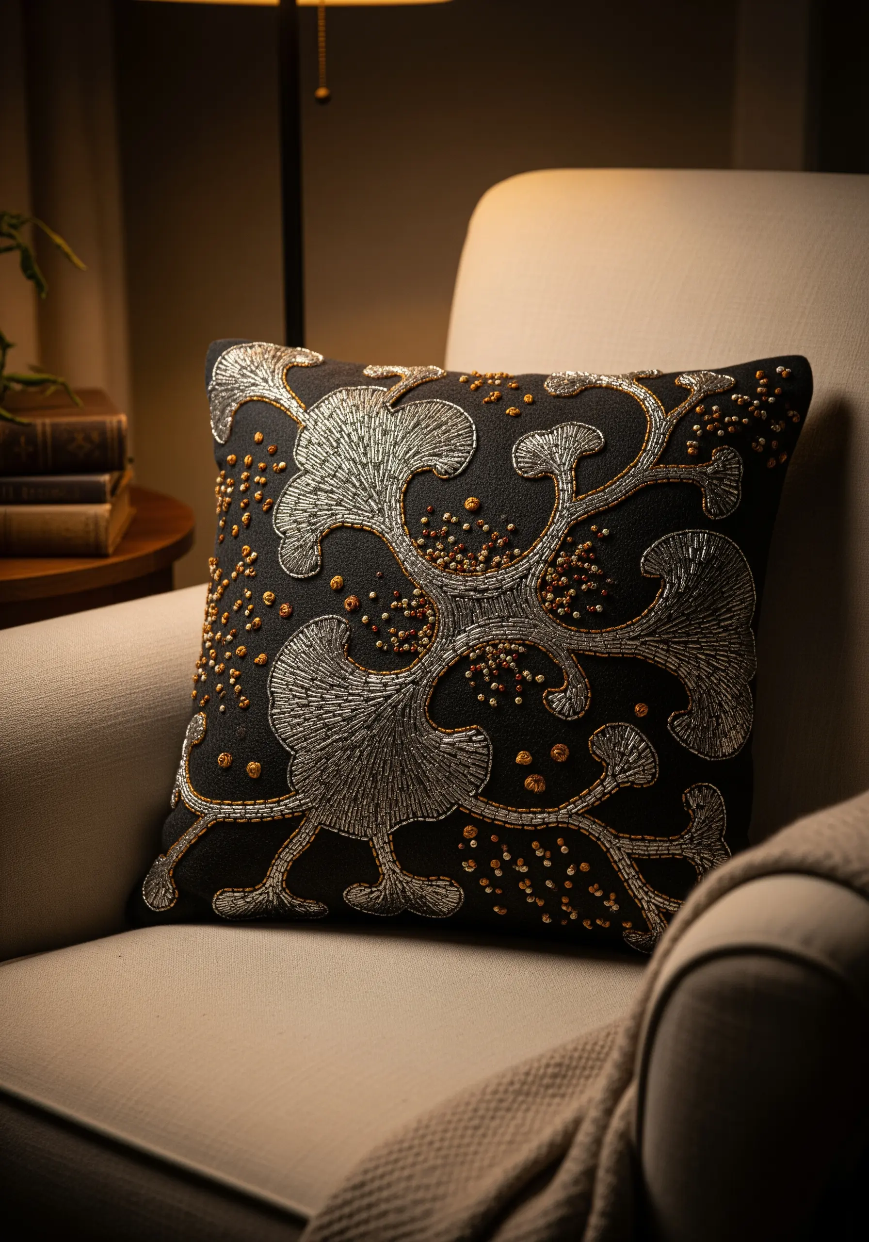 Black pillow with embroidered silver ginkgo leaves and scattered copper-colored beads.