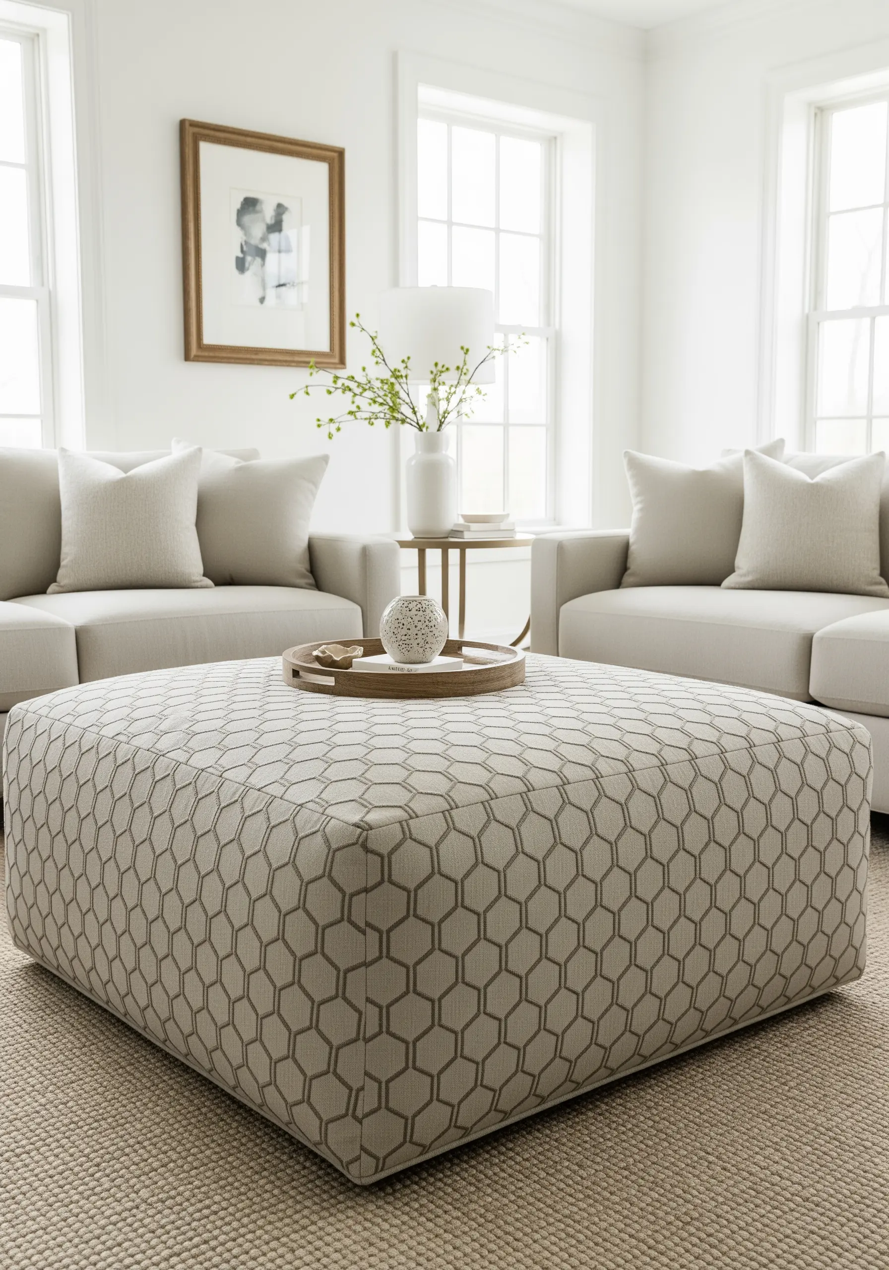 A large square ottoman upholstered with a neutral honeycomb embroidery pattern.