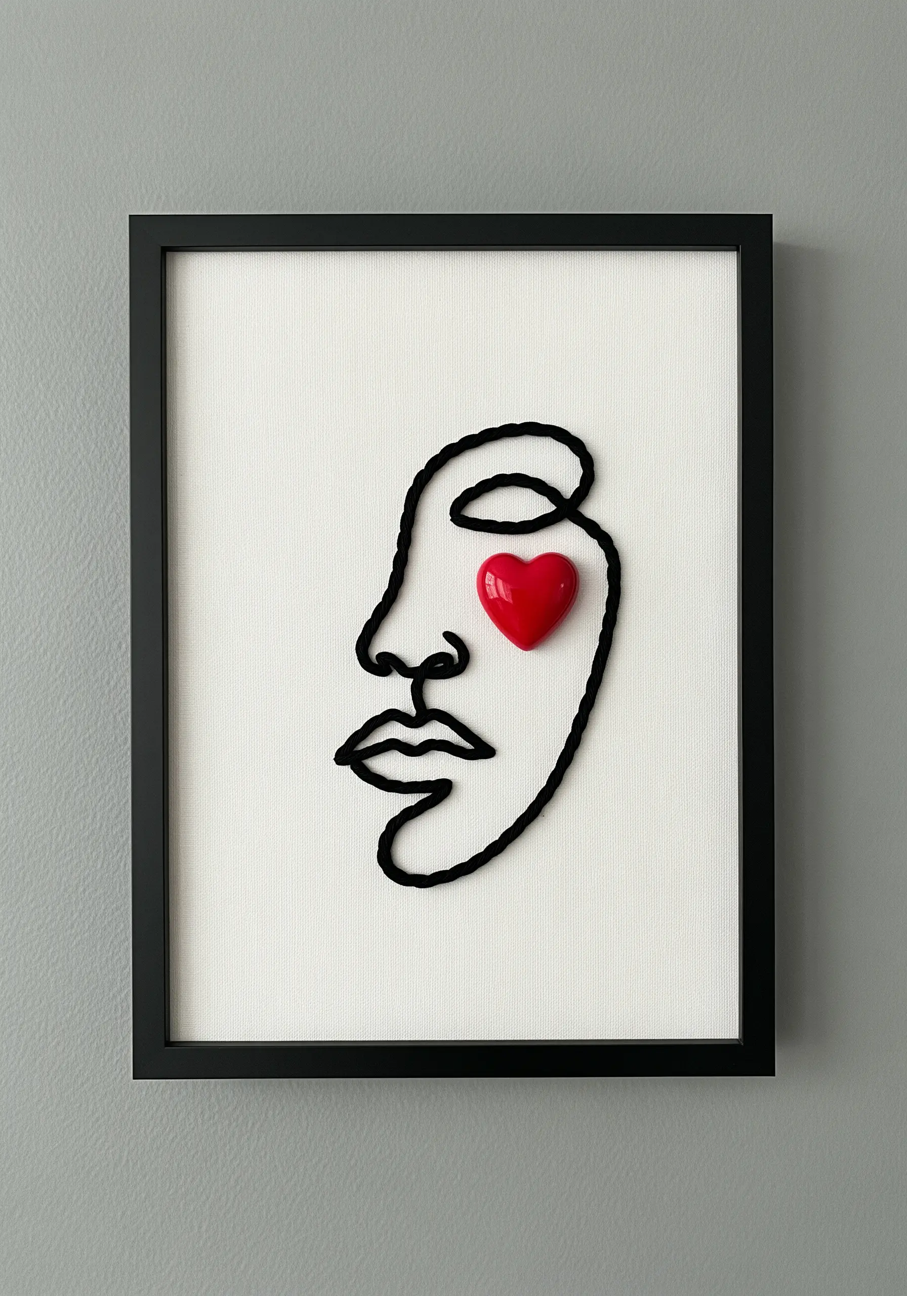 Minimalist line art face made of black yarn with a 3D red heart charm for an eye.