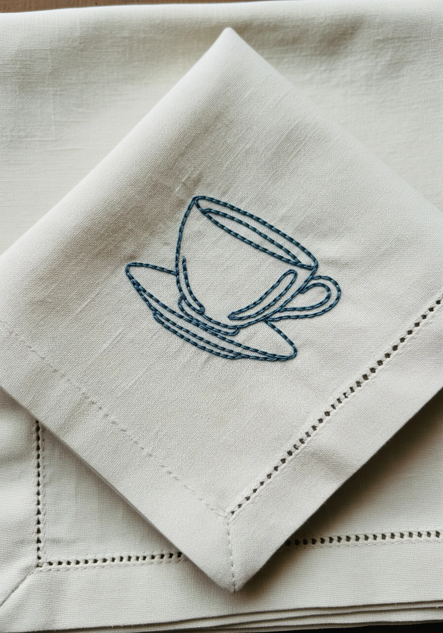 A teacup and saucer outlined in blue thread on a cream linen napkin using whipped backstitch.
