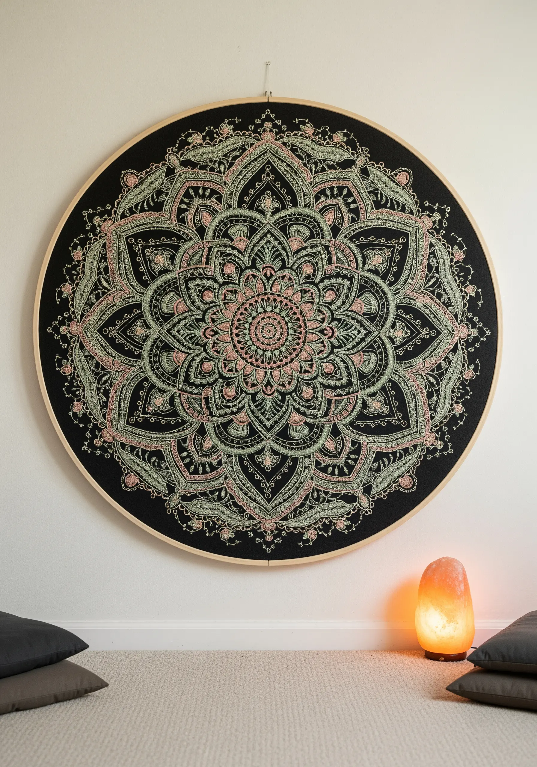 A large, intricate mandala embroidered in pastel green and pink on black fabric in a hoop.
