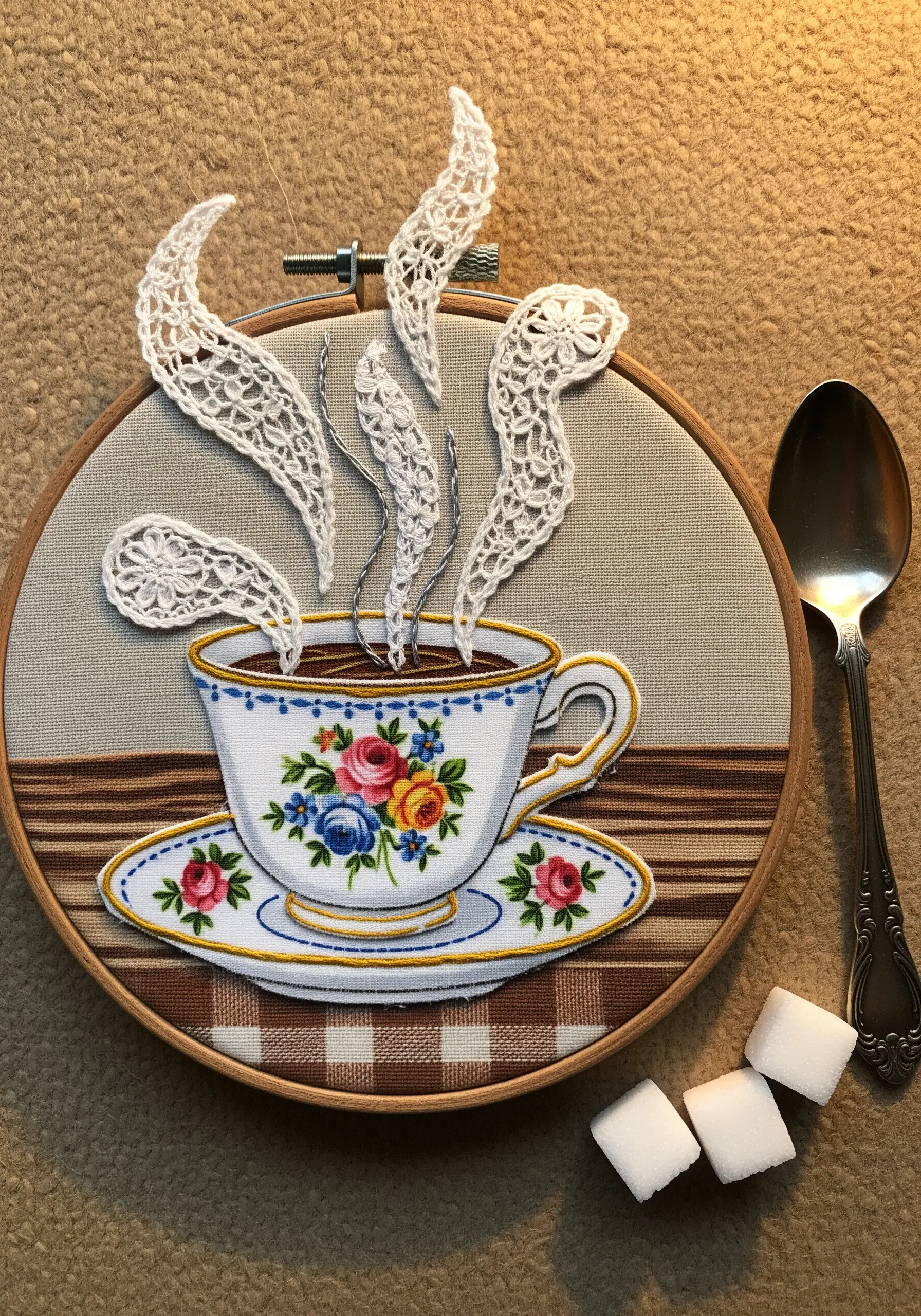 Appliqué of a printed fabric teacup with snippets of lace used as steam