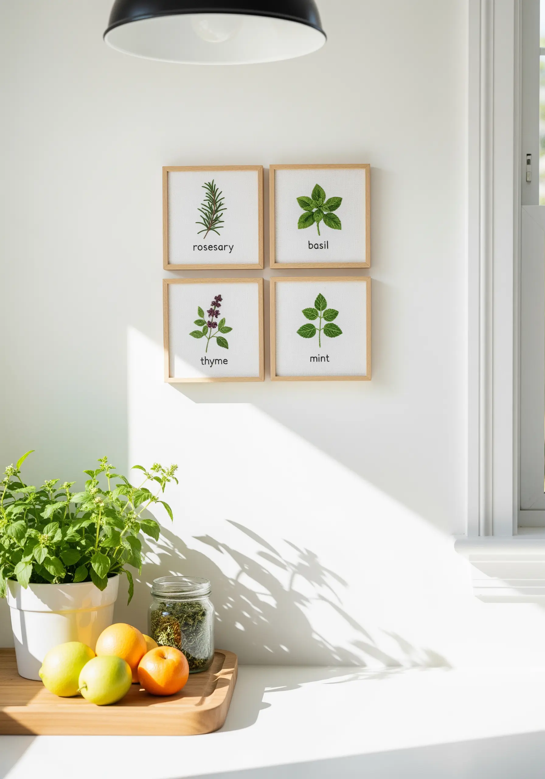 Four small, framed embroideries of herbs: rosemary, basil, thyme, and mint.