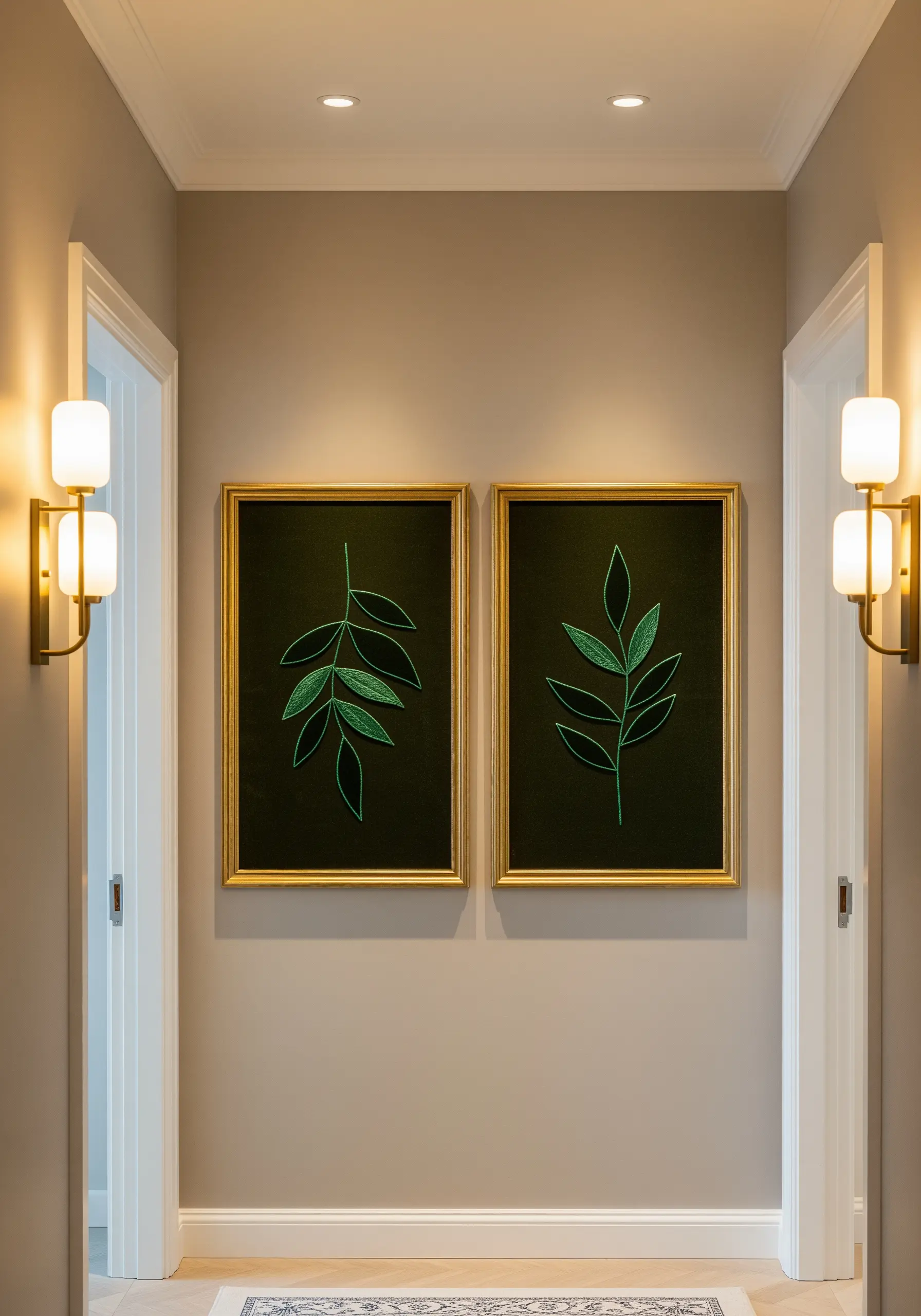 Two gold-framed artworks showing green thread leaf outlines stitched on a dark fabric background.