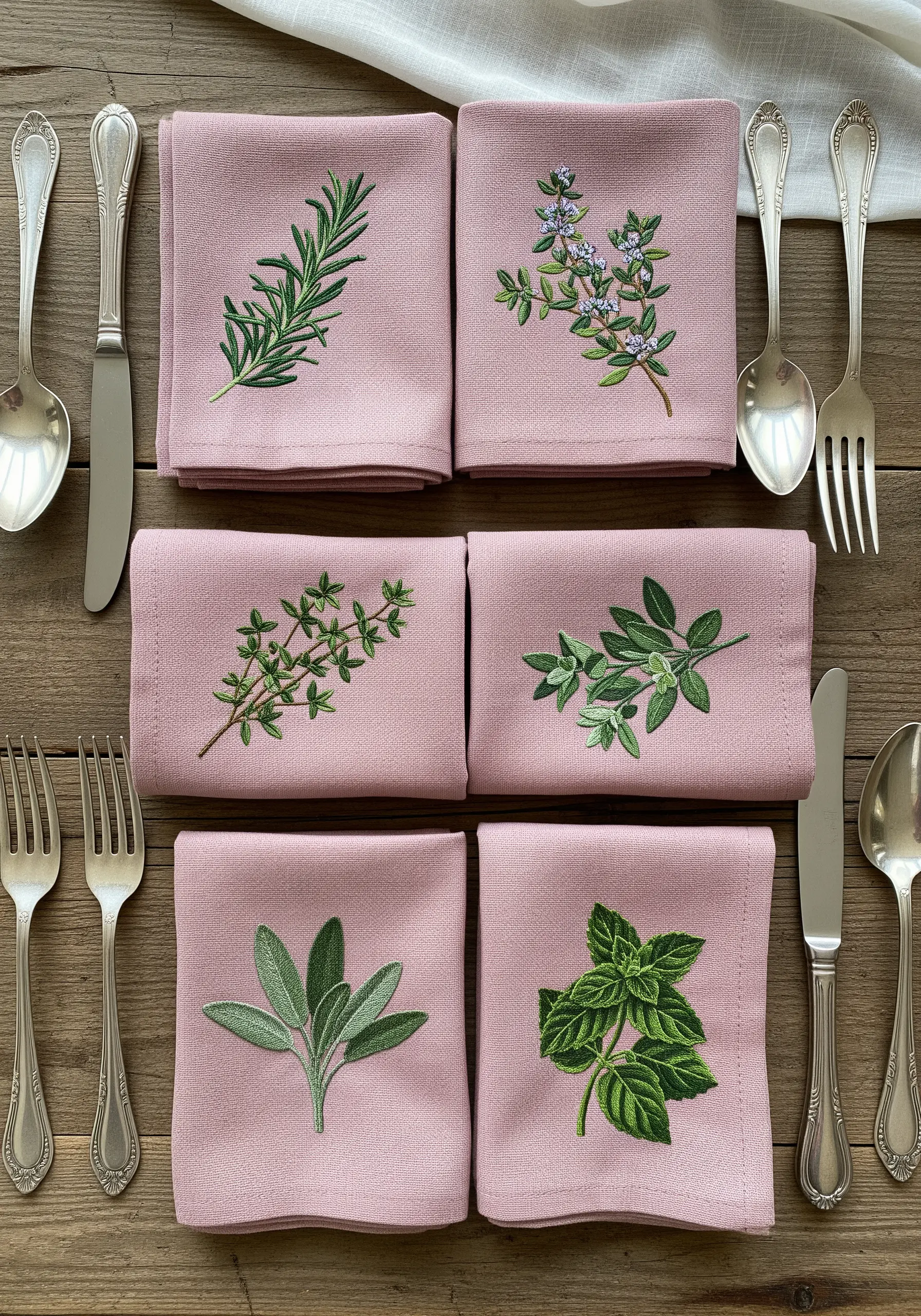 A set of six pink linen napkins, each embroidered with a different culinary herb.