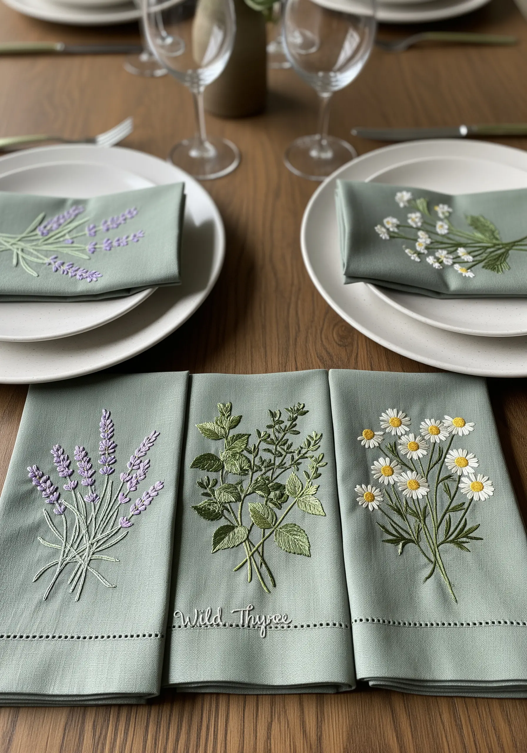 Three sage green napkins, each embroidered with a different delicate herb: lavender, thyme, and chamomile