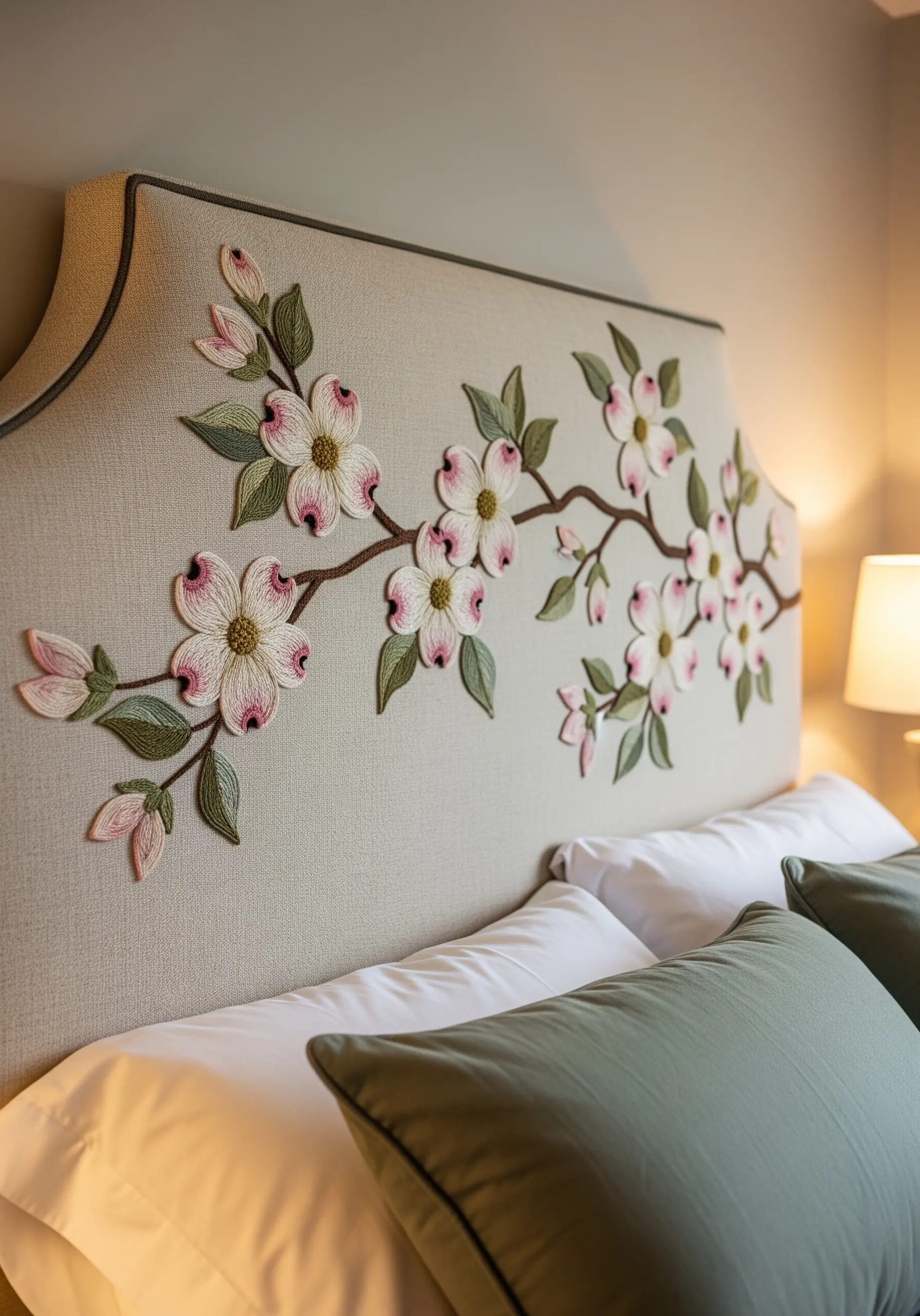 Upholstered headboard with dimensional, embroidered dogwood flowers and branches.