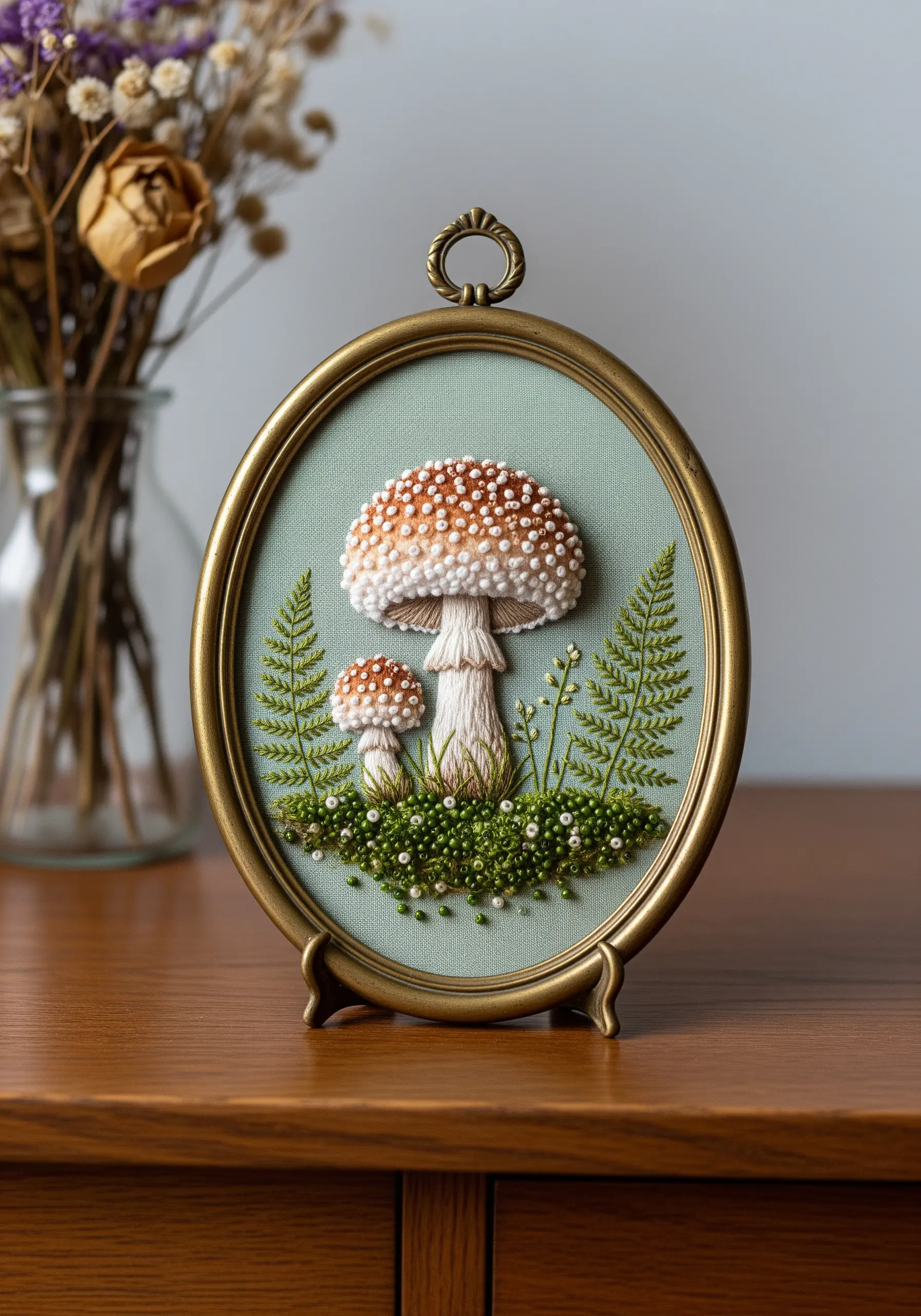 Amanita mushrooms and ferns embroidered in an oval vintage frame with seed bead details.