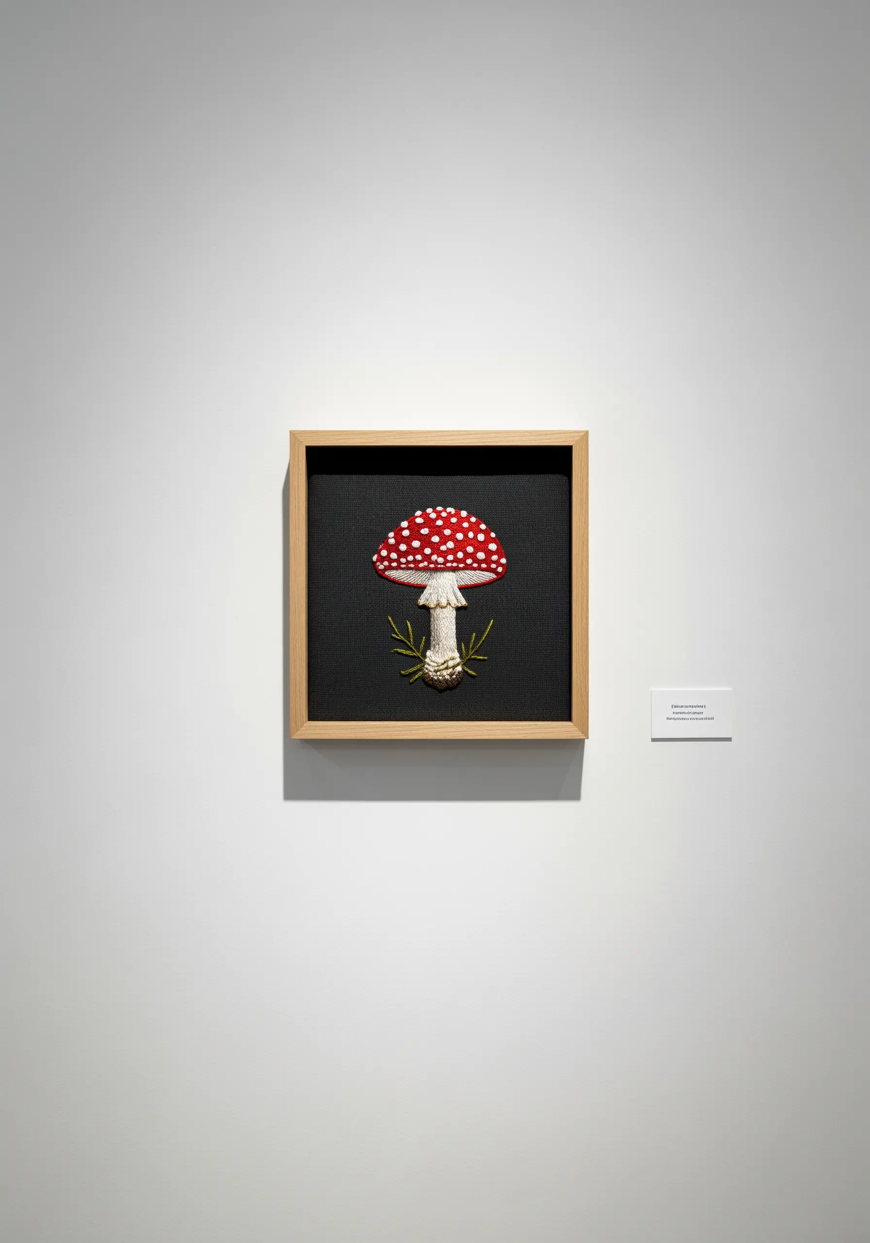 A small, detailed embroidery of a red and white mushroom mounted in a light wood shadowbox frame.