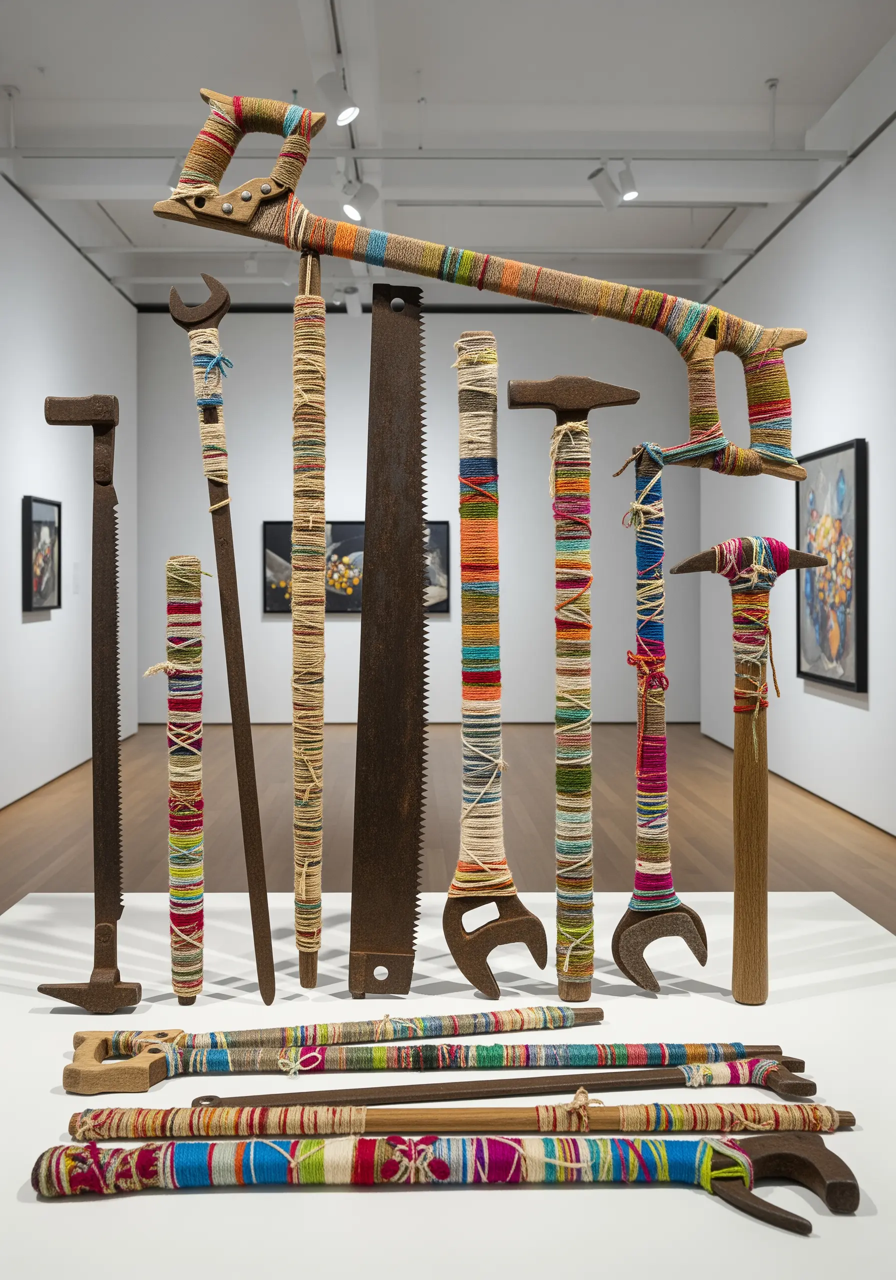 A collection of old hand tools with their handles meticulously wrapped in colorful yarn.