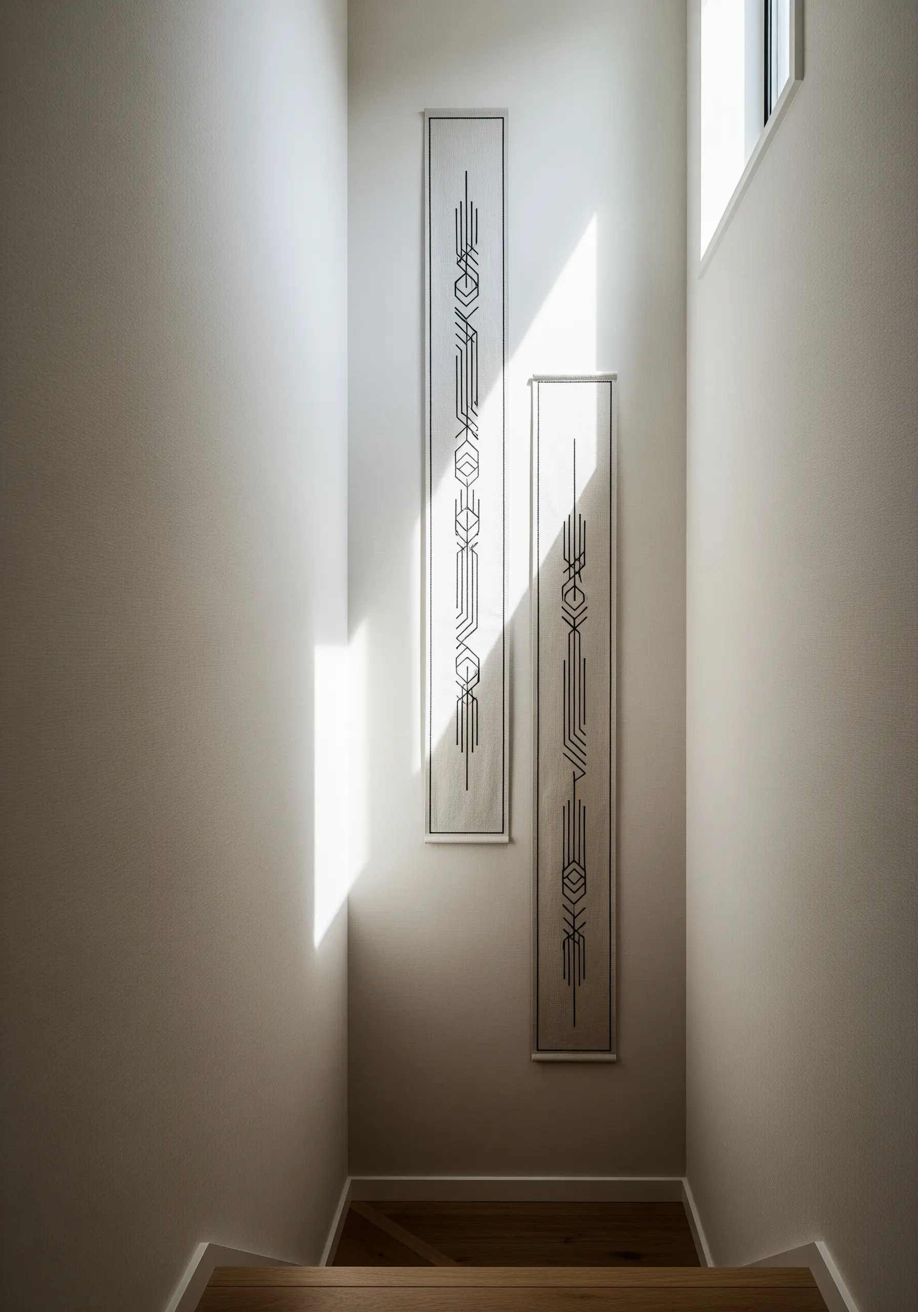 Two long, narrow framed embroidery panels with black geometric line art hanging in a stairwell.
