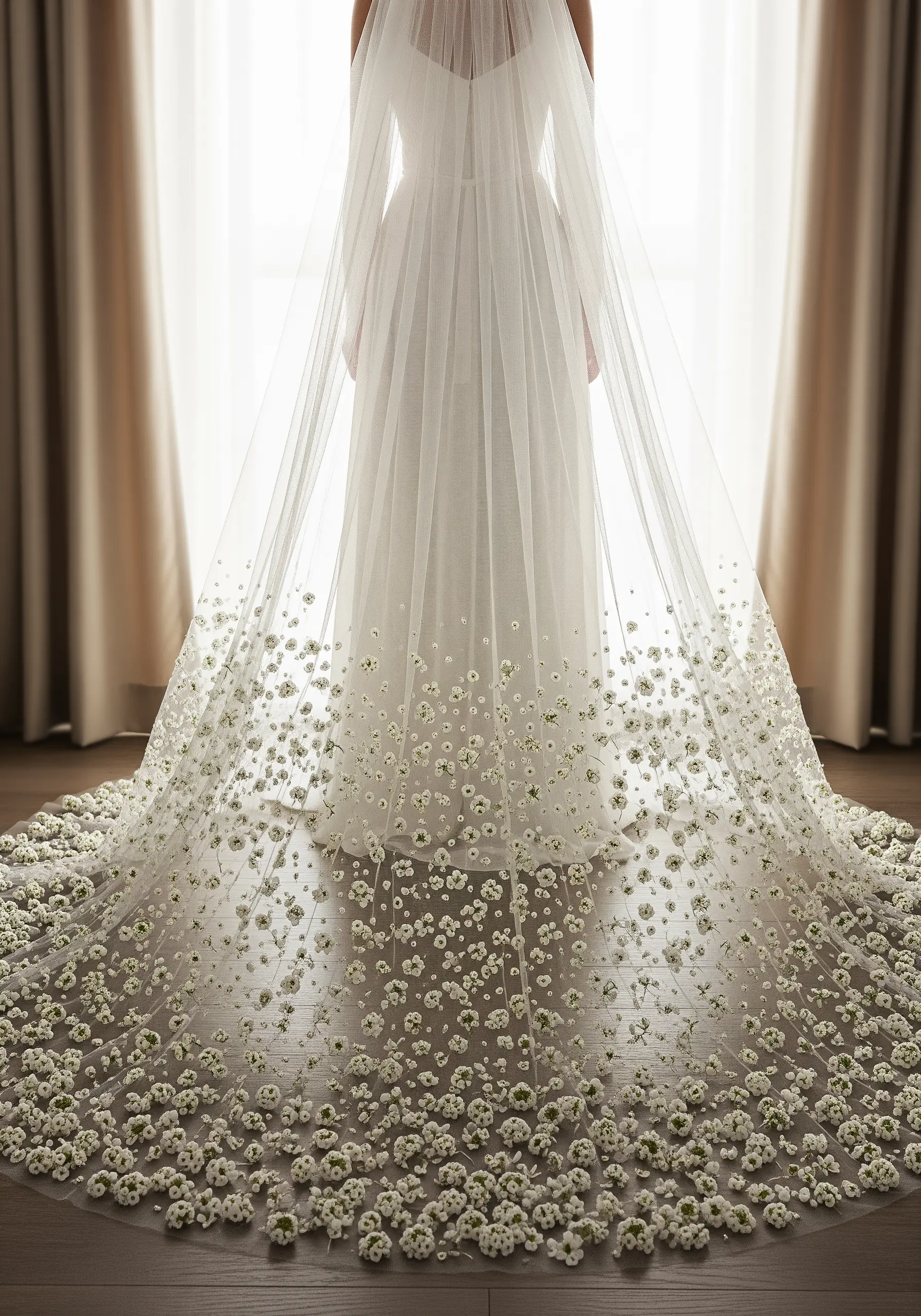 A sheer wedding veil embellished with a cascade of small, white 3D embroidered flowers.