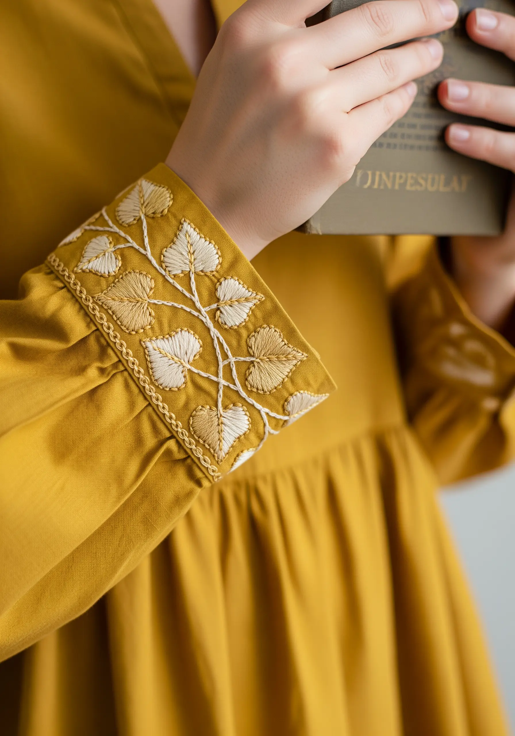 Intricate embroidery of off-white and gold leaves and vines on a mustard-yellow cuff.