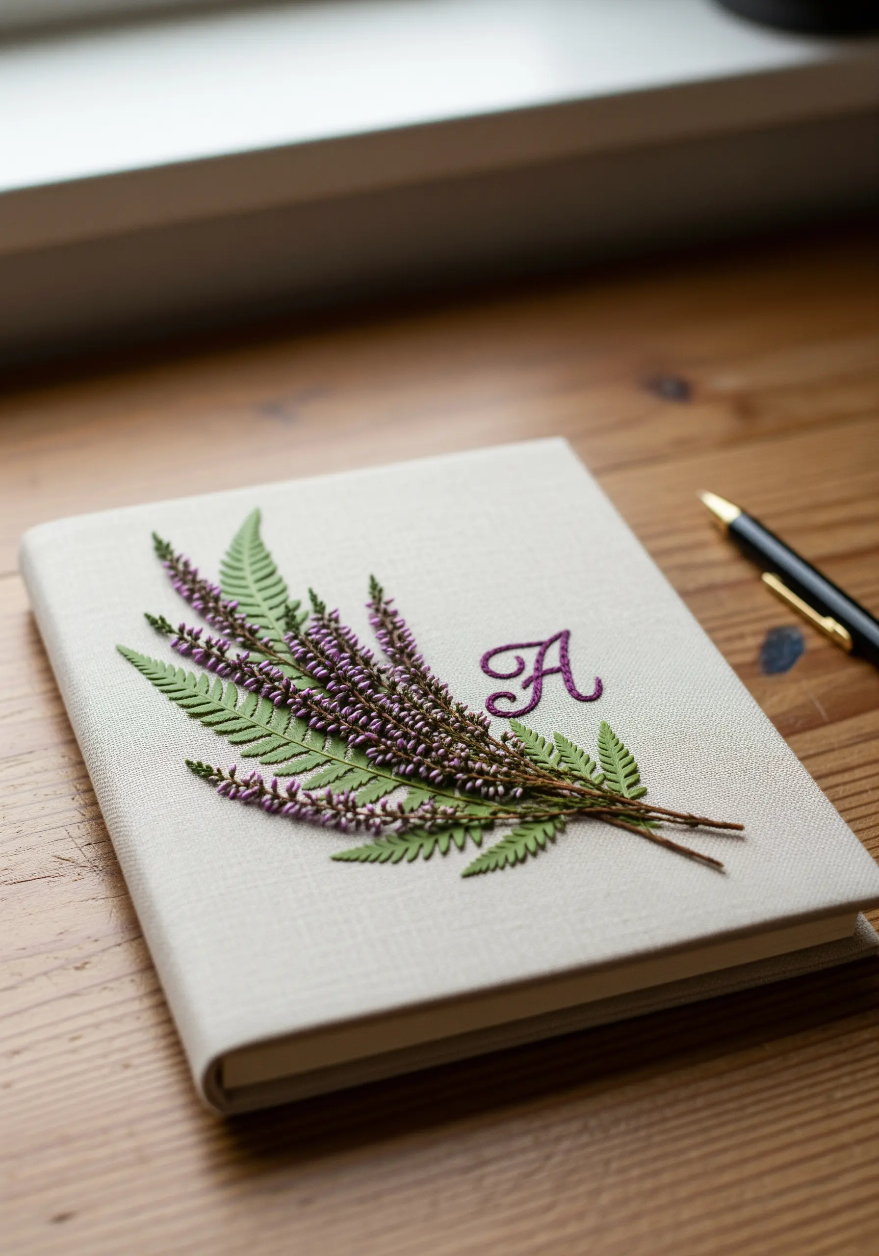 A fabric journal cover decorated with pressed ferns, heather, and an embroidered monogram.