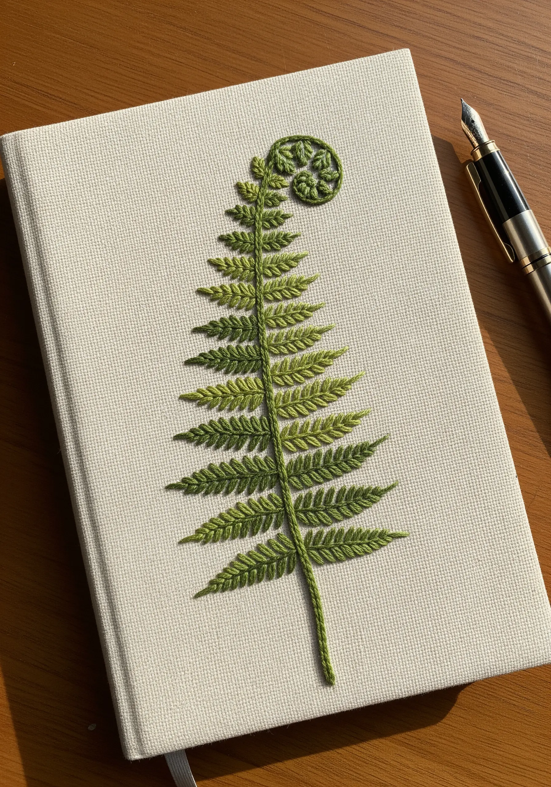 A detailed green fern embroidered on the cover of a linen journal.