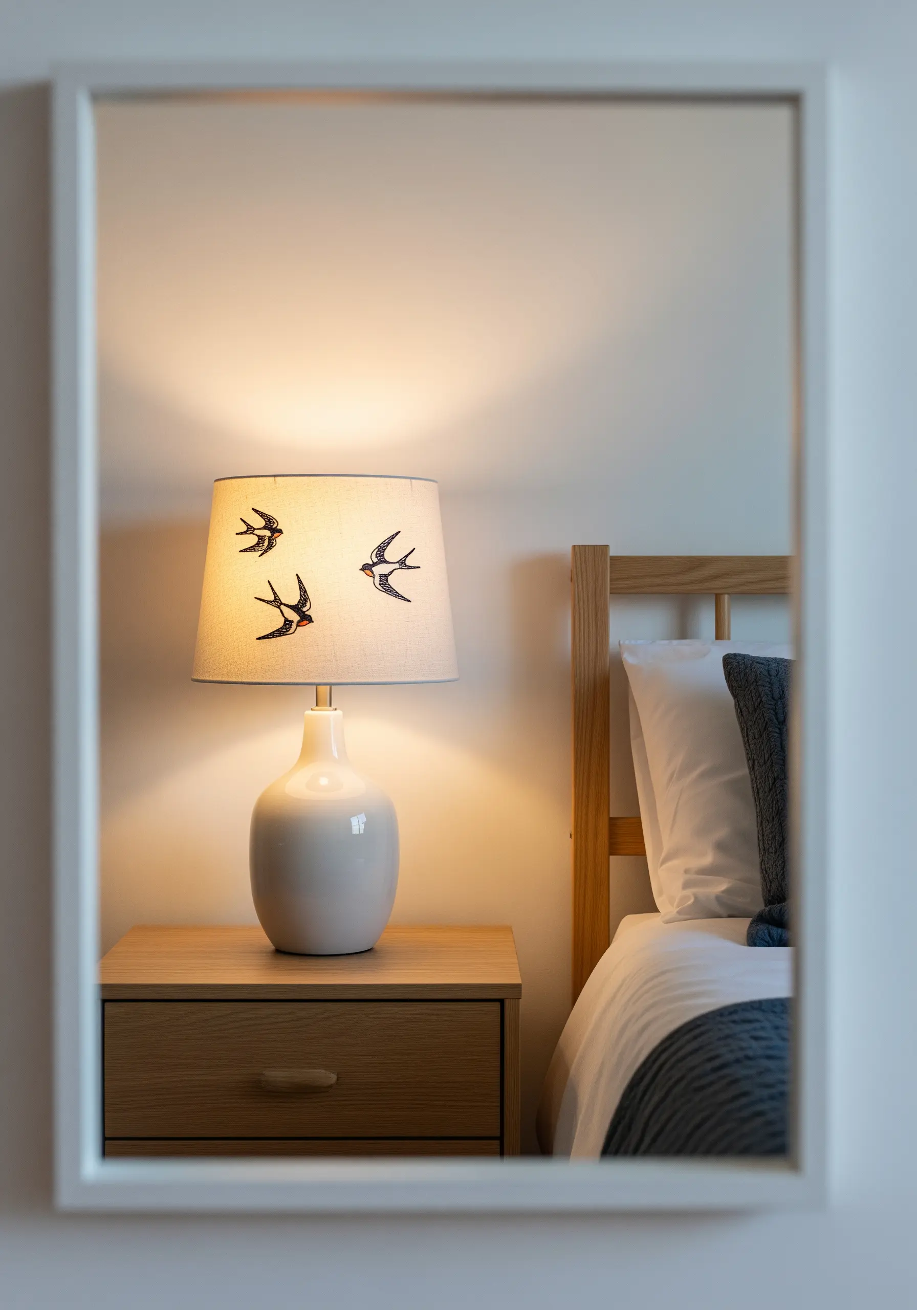 A bedside lamp with three small, embroidered swallows flying across its fabric shade.