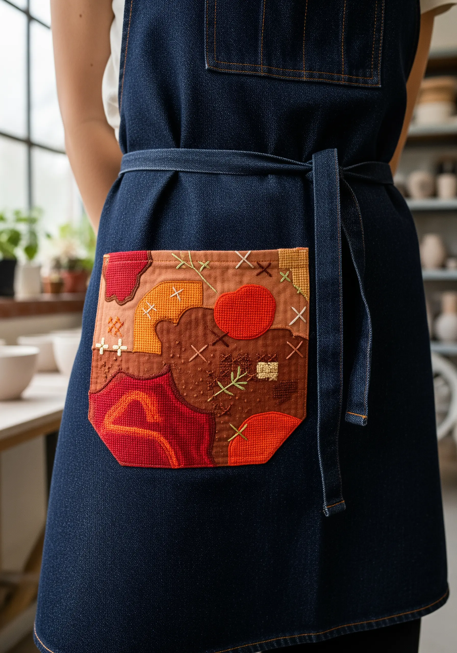 A denim apron pocket decorated with an earthy-toned patchwork collage and visible stitches.