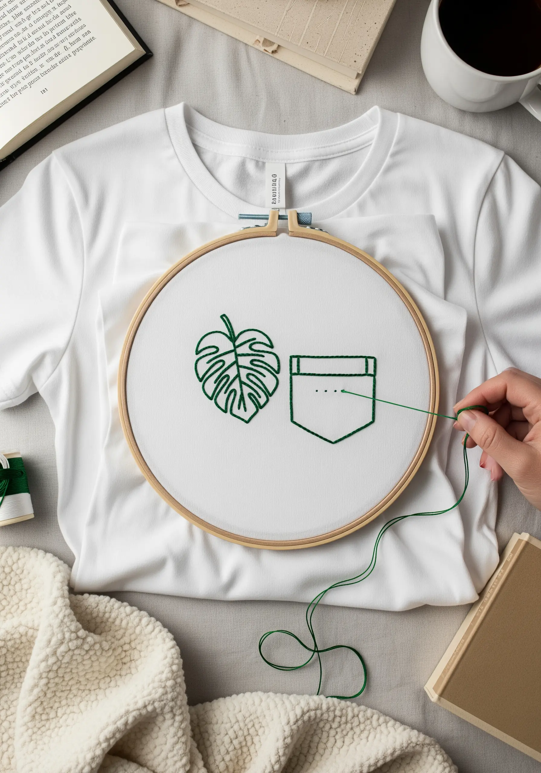 A minimalist monstera leaf and pocket outline embroidered in green on a white t-shirt.