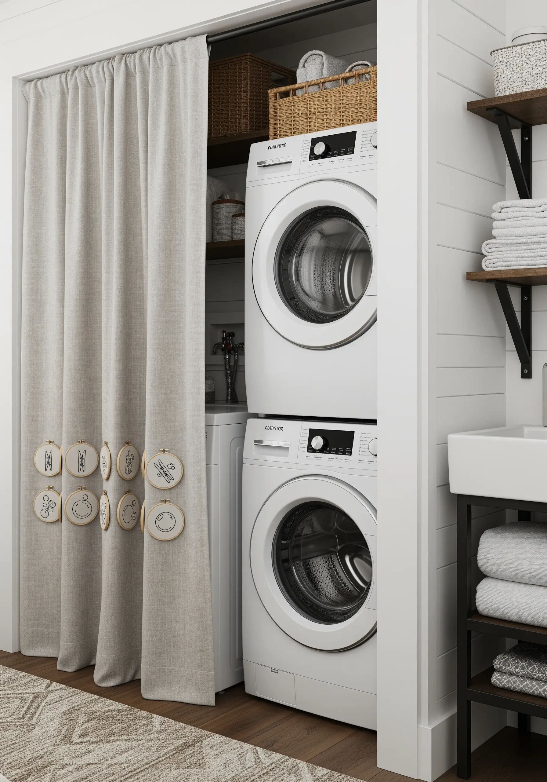 A row of small, minimalist embroidery hoops clipped onto the edge of a linen curtain.