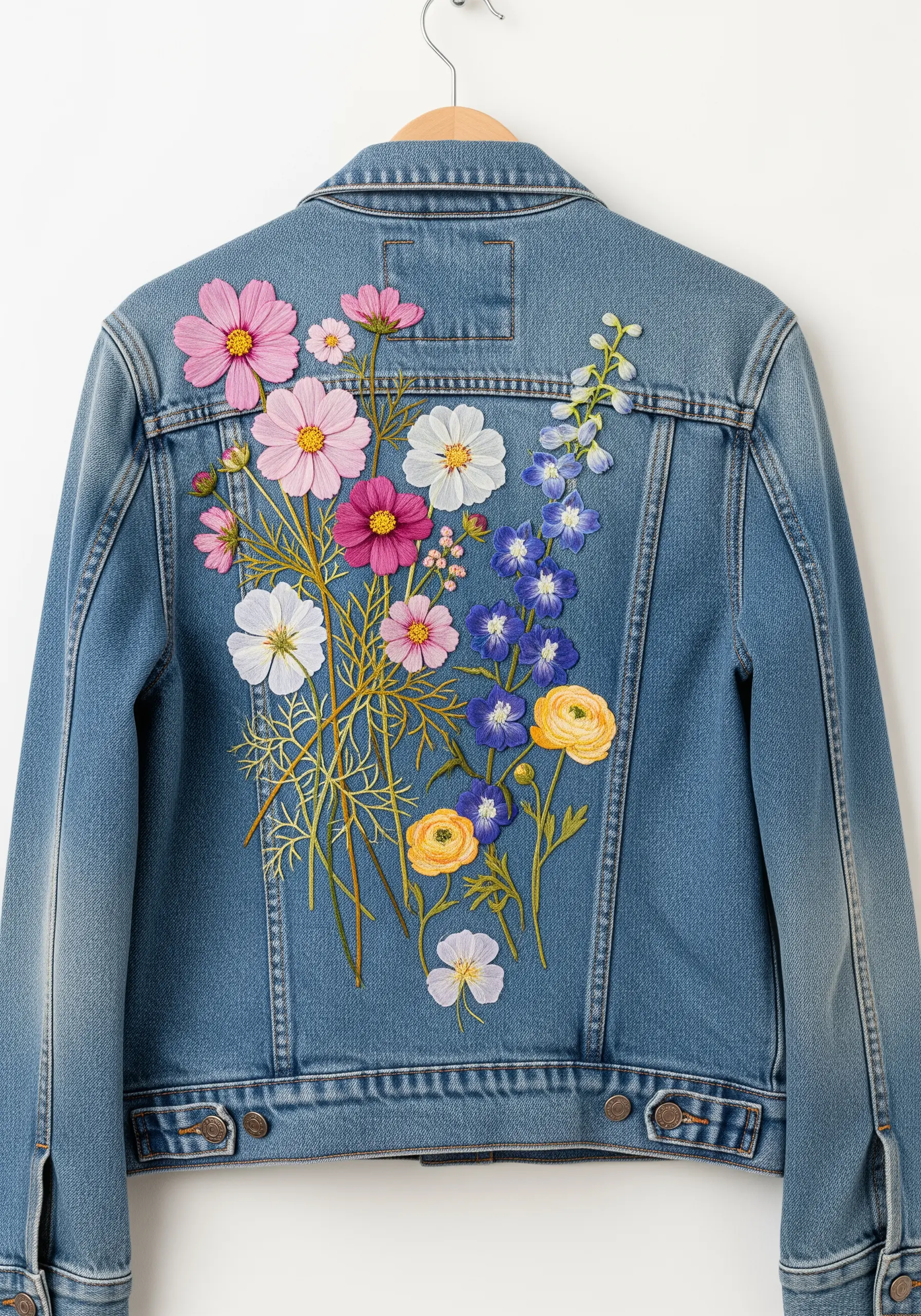 A vibrant bouquet of pink, white, and blue flowers embroidered on the back of a denim jacket.