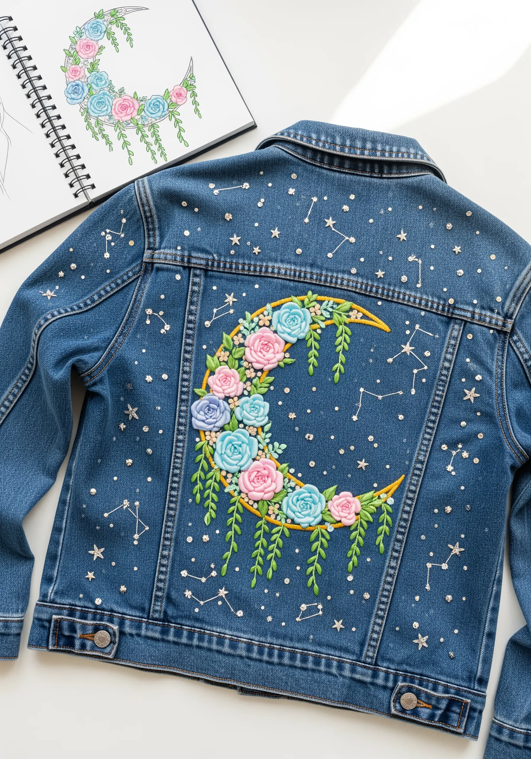 A crescent moon filled with dimensional pink and blue roses embroidered on the back of a denim jacket.