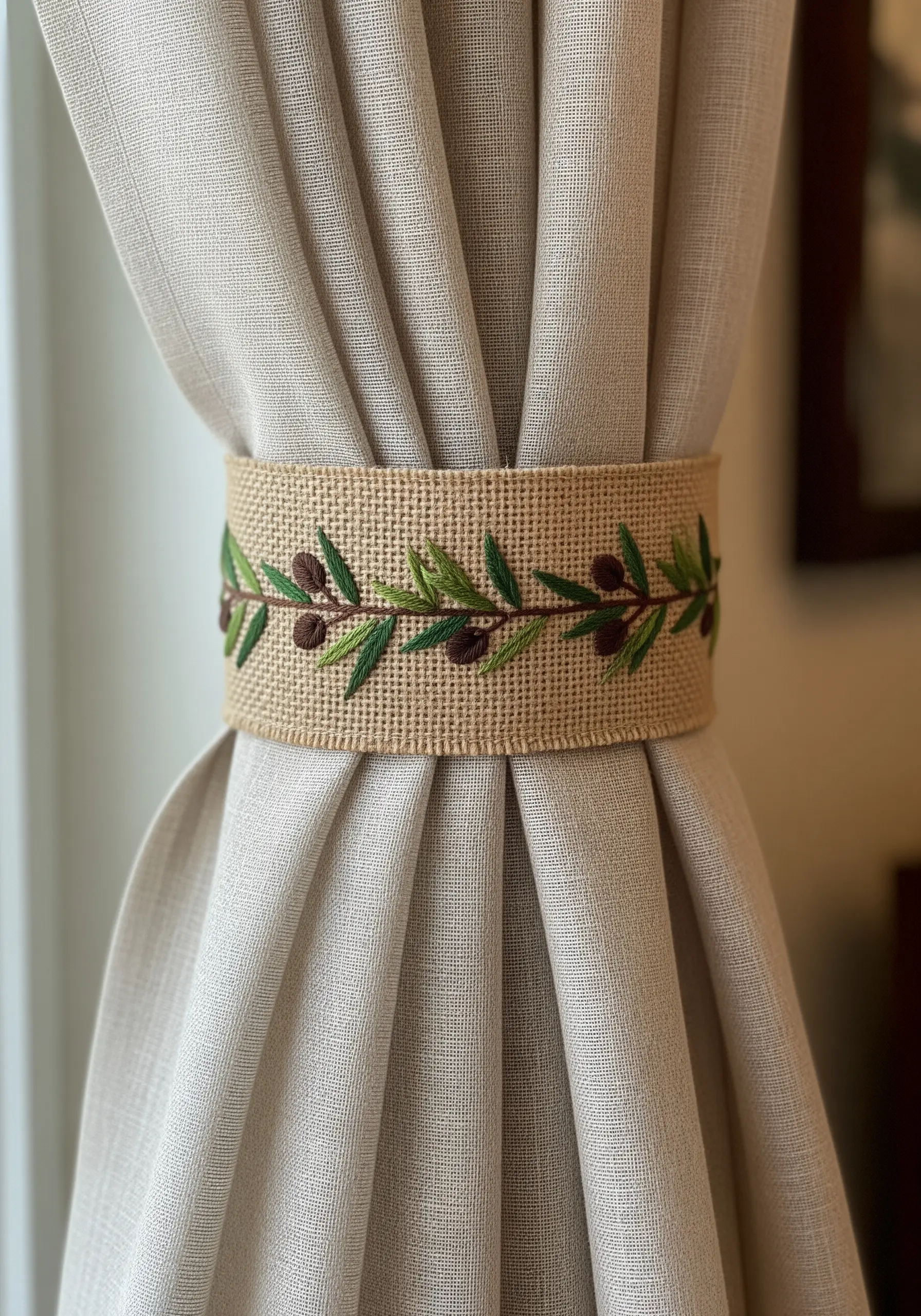 An embroidered olive branch with green leaves and dark olives on a burlap curtain tie-back.