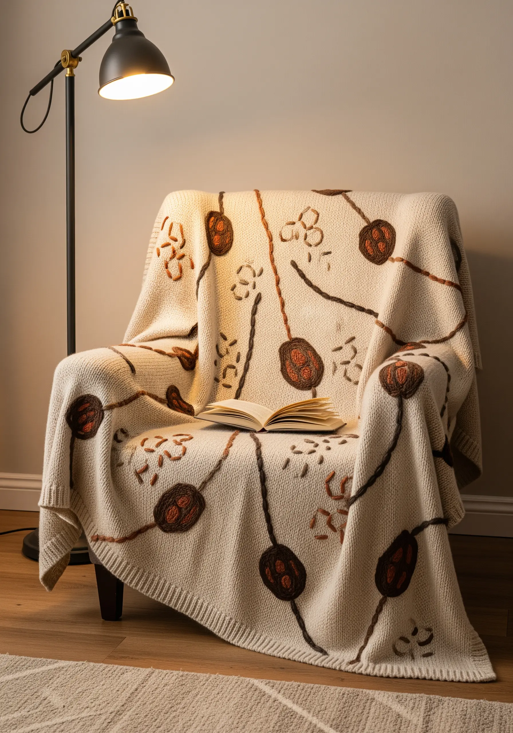 A cozy cream-colored knit blanket with abstract, earth-toned yarn embroidery.