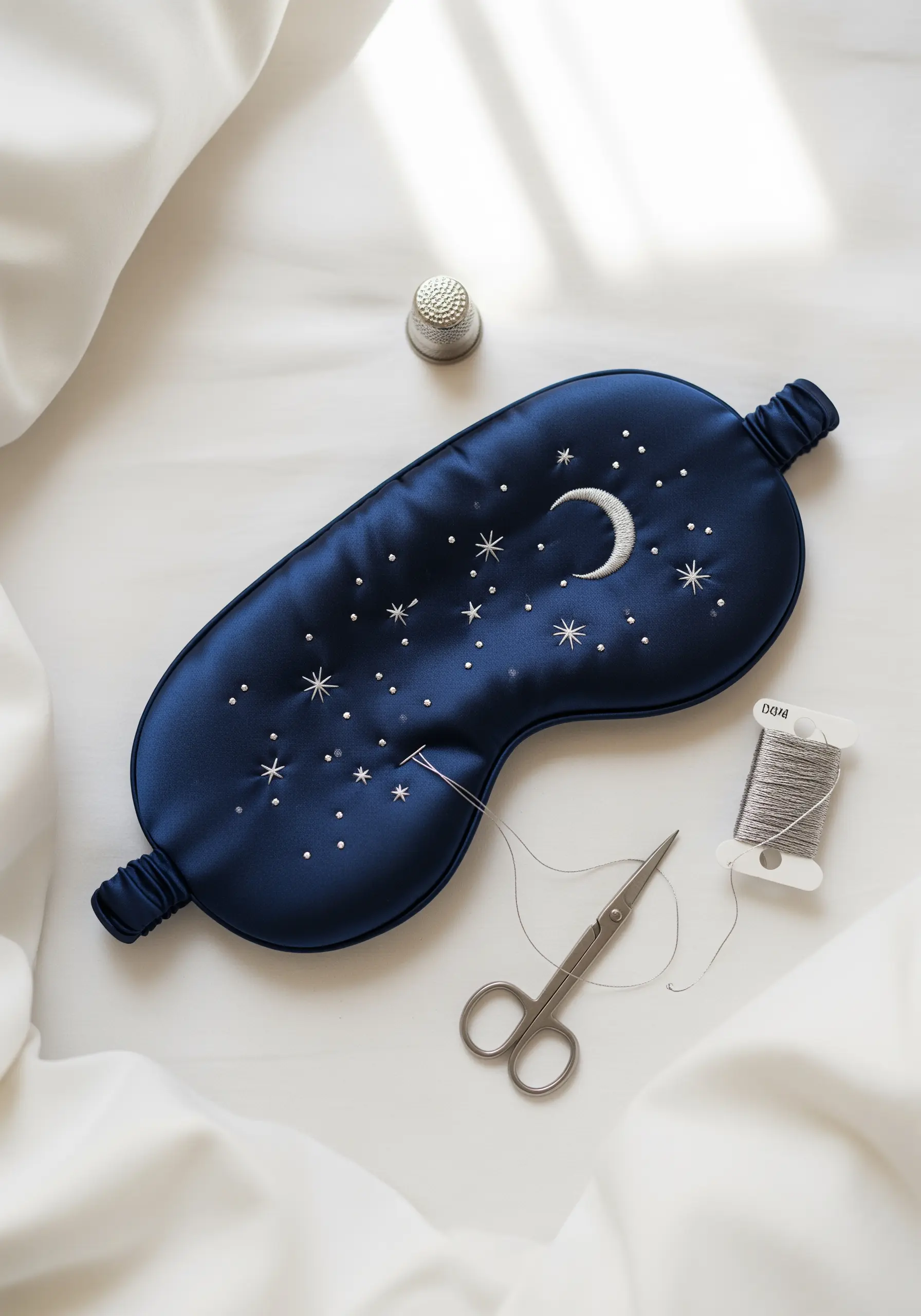 A navy blue silk sleep mask embellished with an embroidered silver crescent moon and scattered stars.