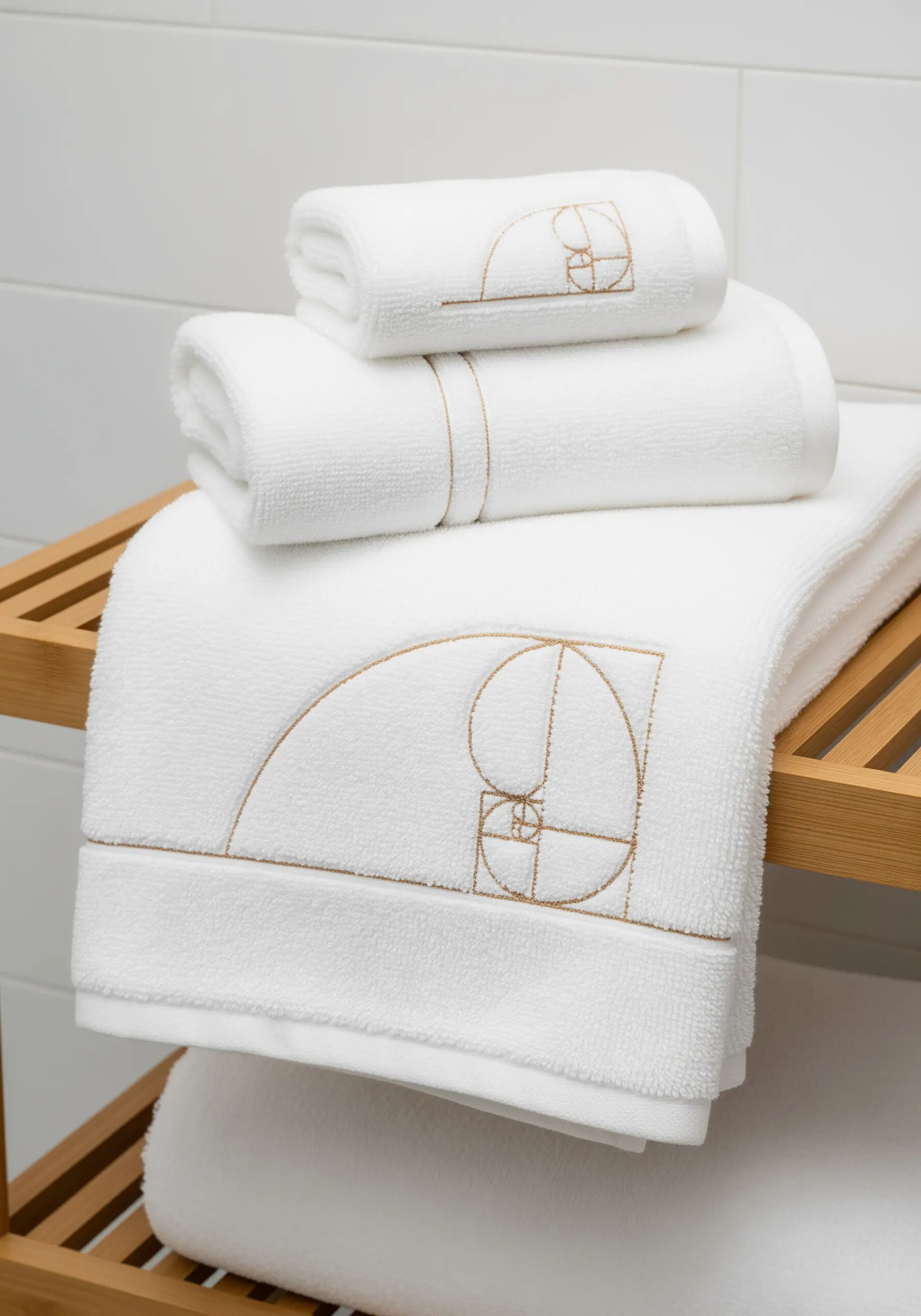 The golden ratio spiral embroidered in gold thread on a set of white bath towels.