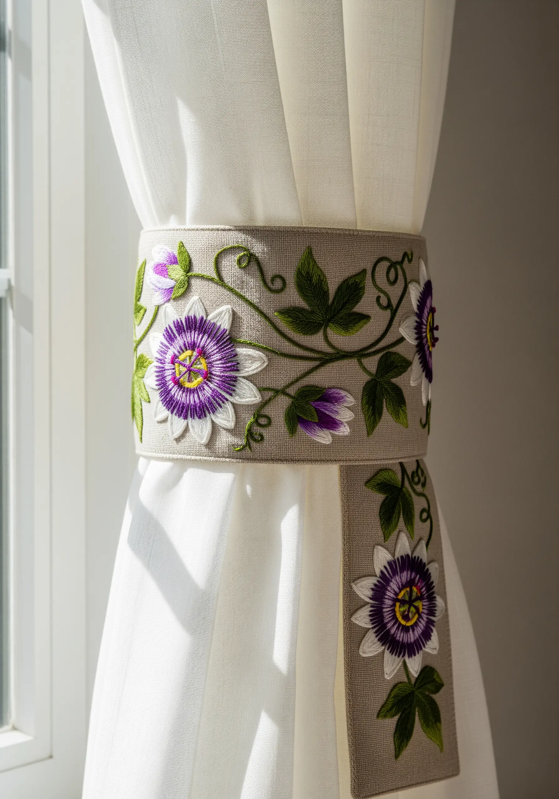 An embroidered curtain tie-back with vibrant purple and white passion flowers.