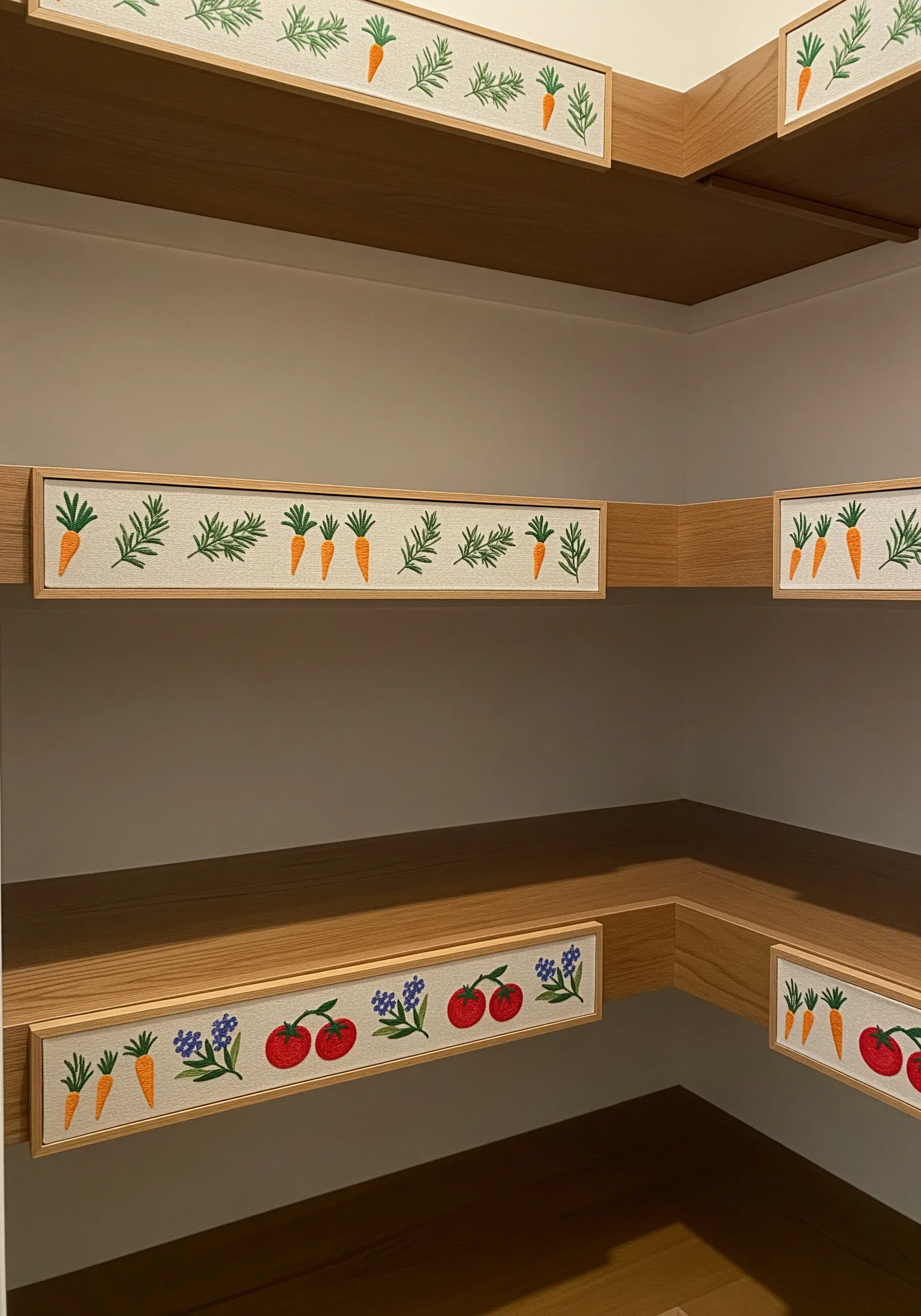 Pantry shelves with custom embroidered liners featuring carrots, tomatoes, and herbs