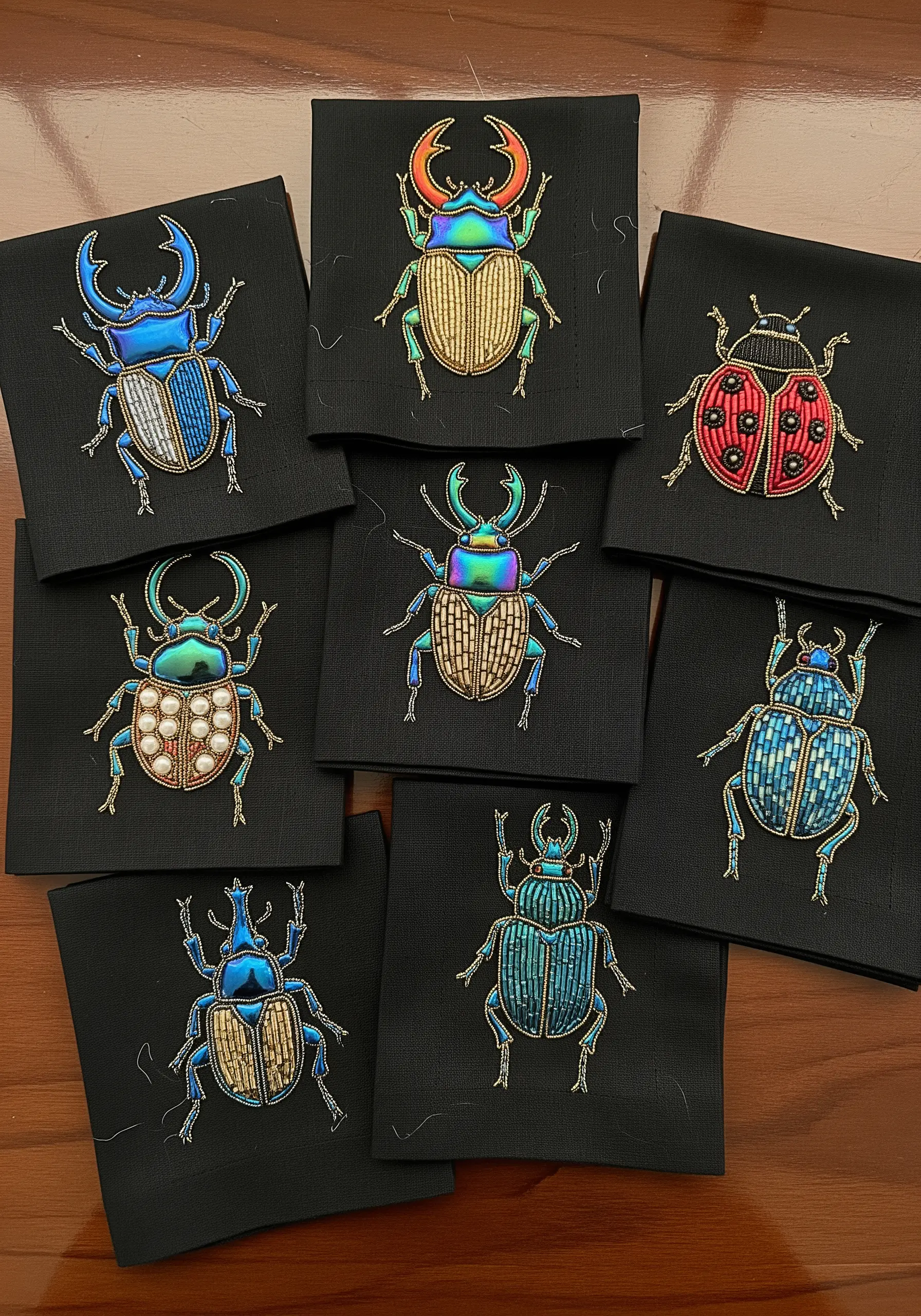A collection of black napkins, each embroidered with a different colorful, jewel-like beetle.