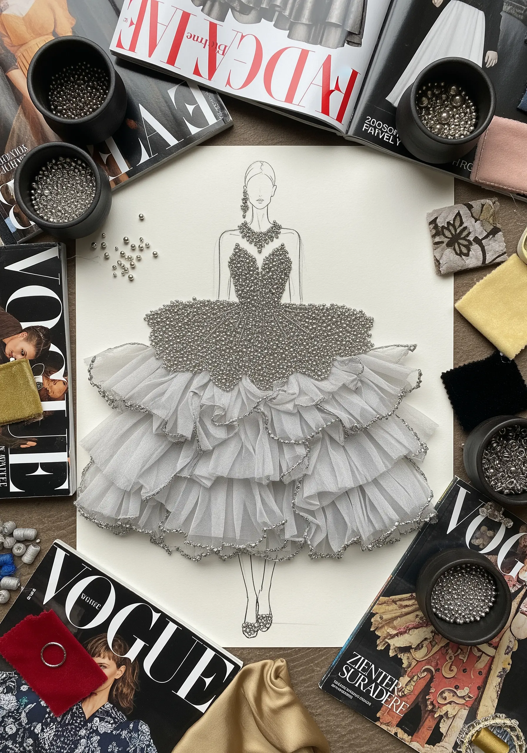 A fashion illustration where the dress is created with layered grey fabric and silver beads.