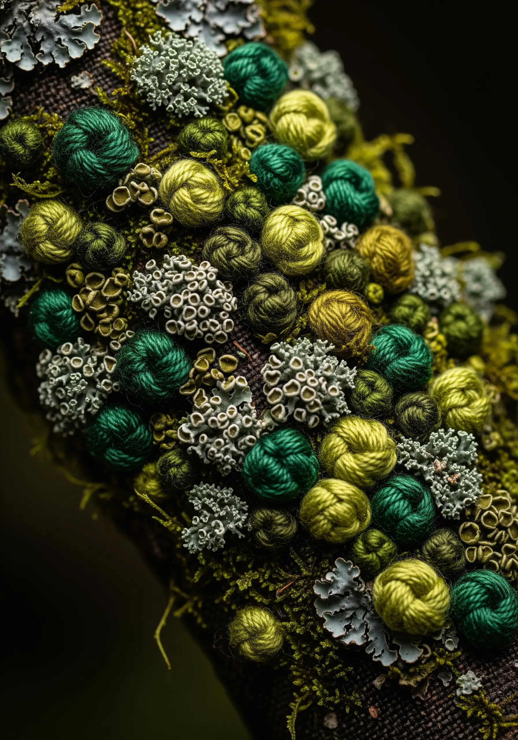 Close-up of 3D embroidered moss using green and yellow French knots and bullion knots on fabric.