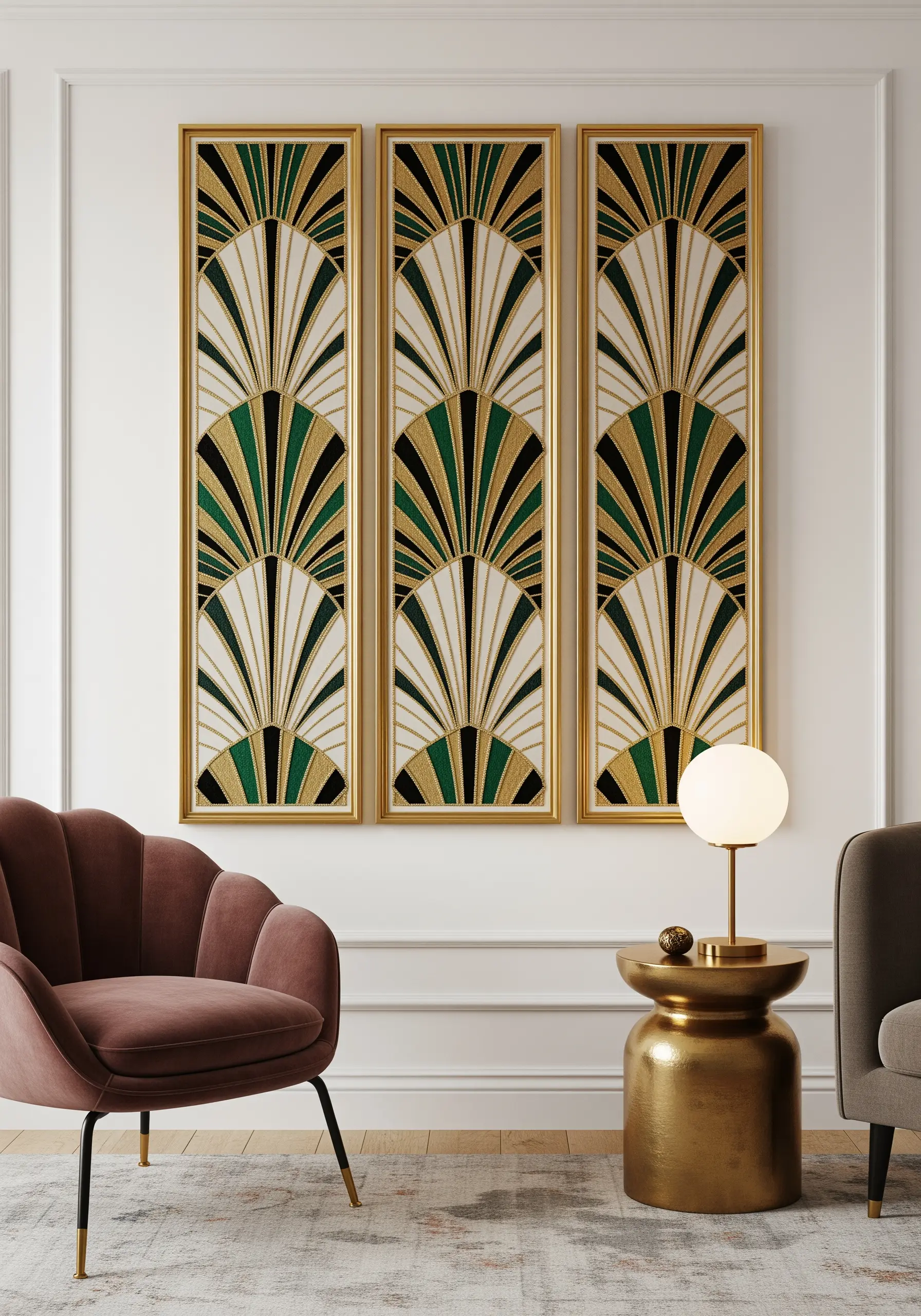 A triptych of tall, framed Art Deco fan patterns in green, gold, black, and white.