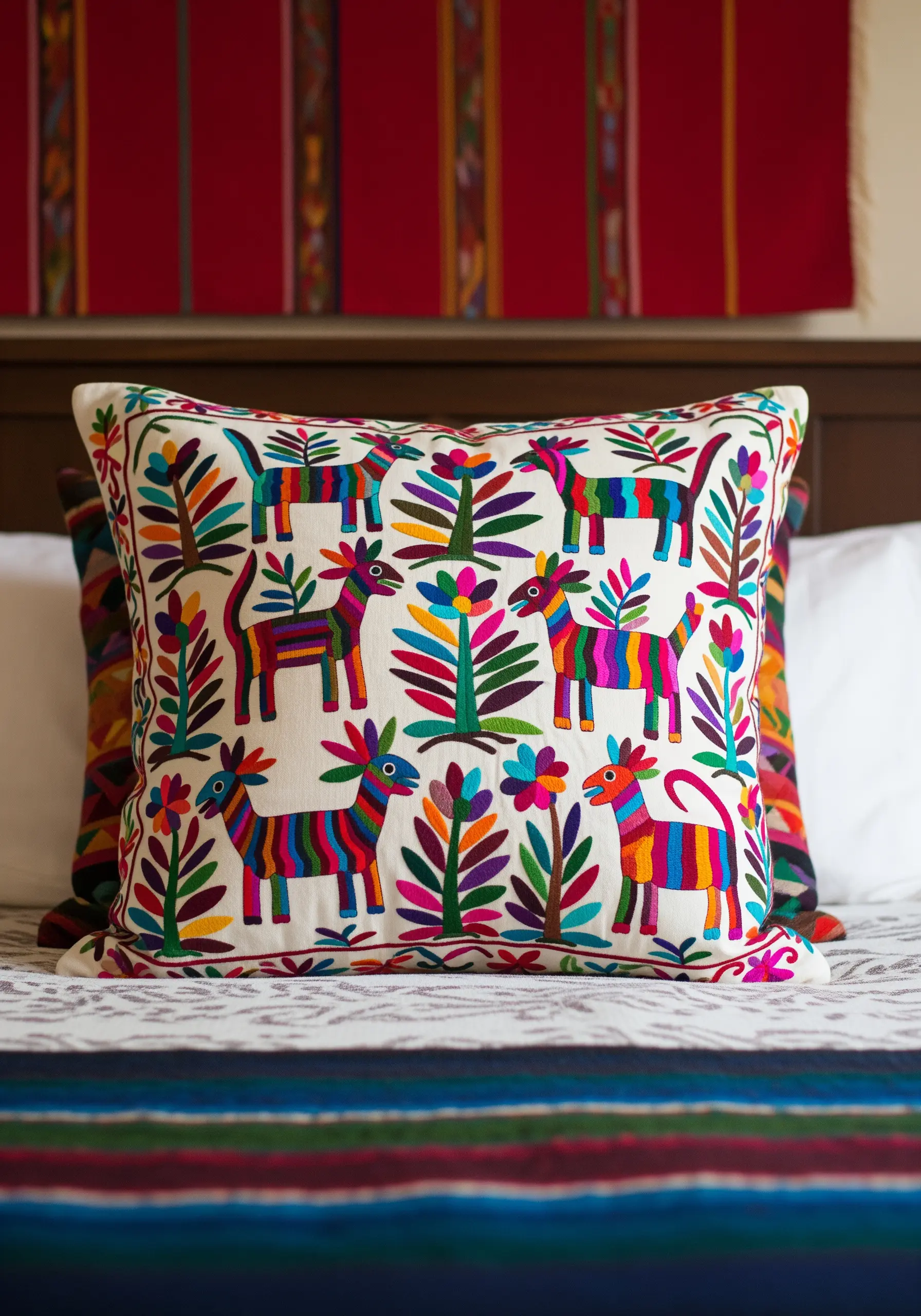 A vibrant Otomi-style pillow with colorful, densely stitched animal and plant motifs.